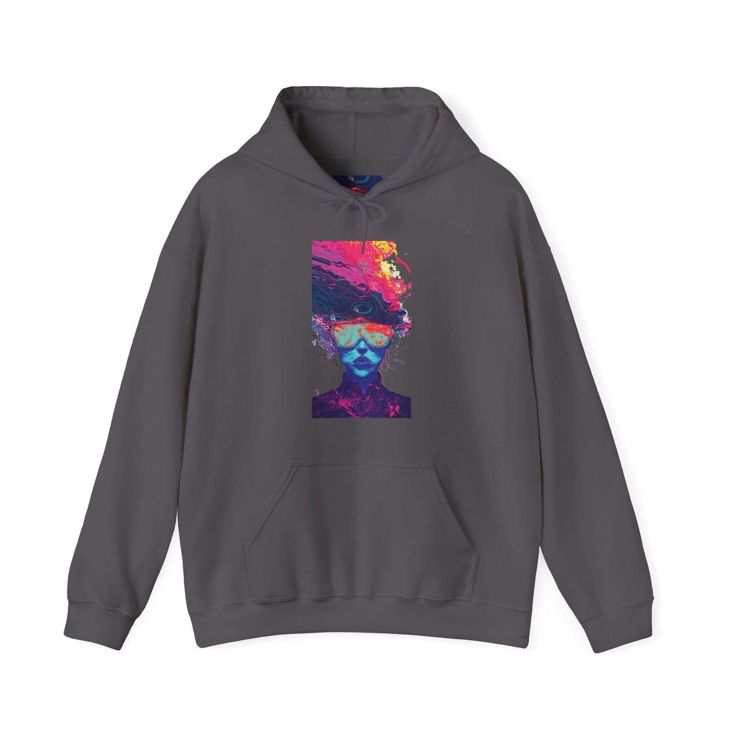 Unisex gray hooded sweatshirt featuring a bold, psychedelic face design in vibrant colors, ideal for graphic hoodie enthusiasts.