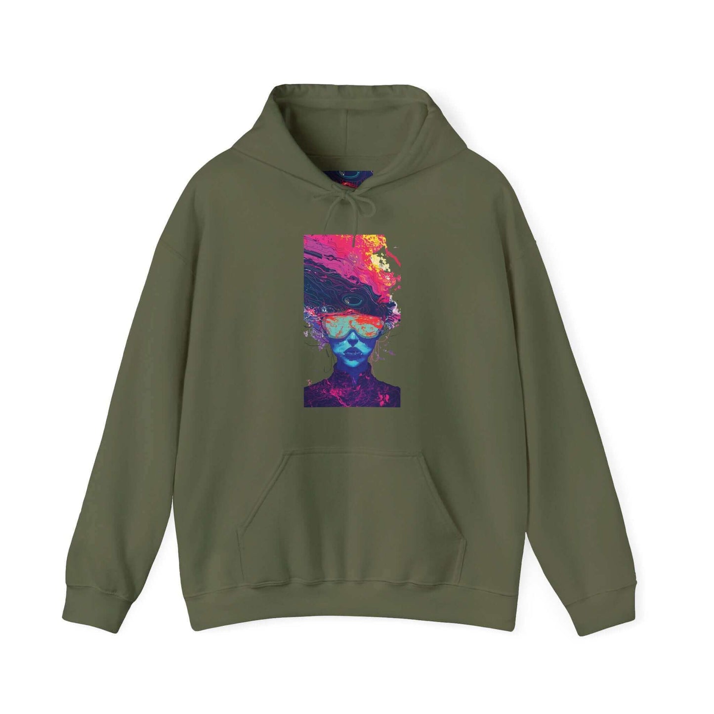 Olive green unisex hoodie featuring a bold, psychedelic graphic design on front, ideal for those seeking graphic hoodies with a flair for creative expression.