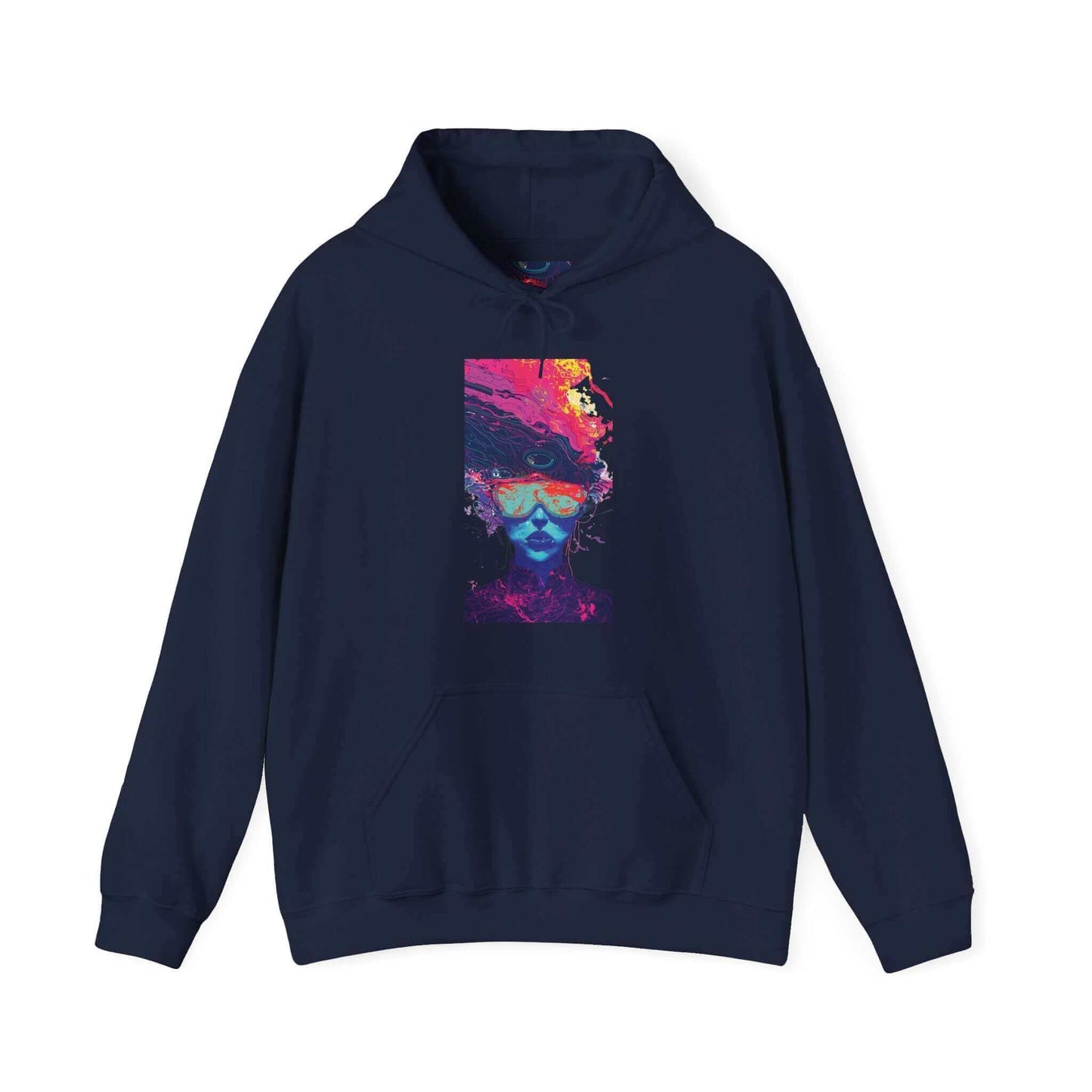 Unisex navy blue hoodie featuring a vibrant, psychedelic face design in bold colors, ideal for graphic hoodies and bold designs enthusiasts.