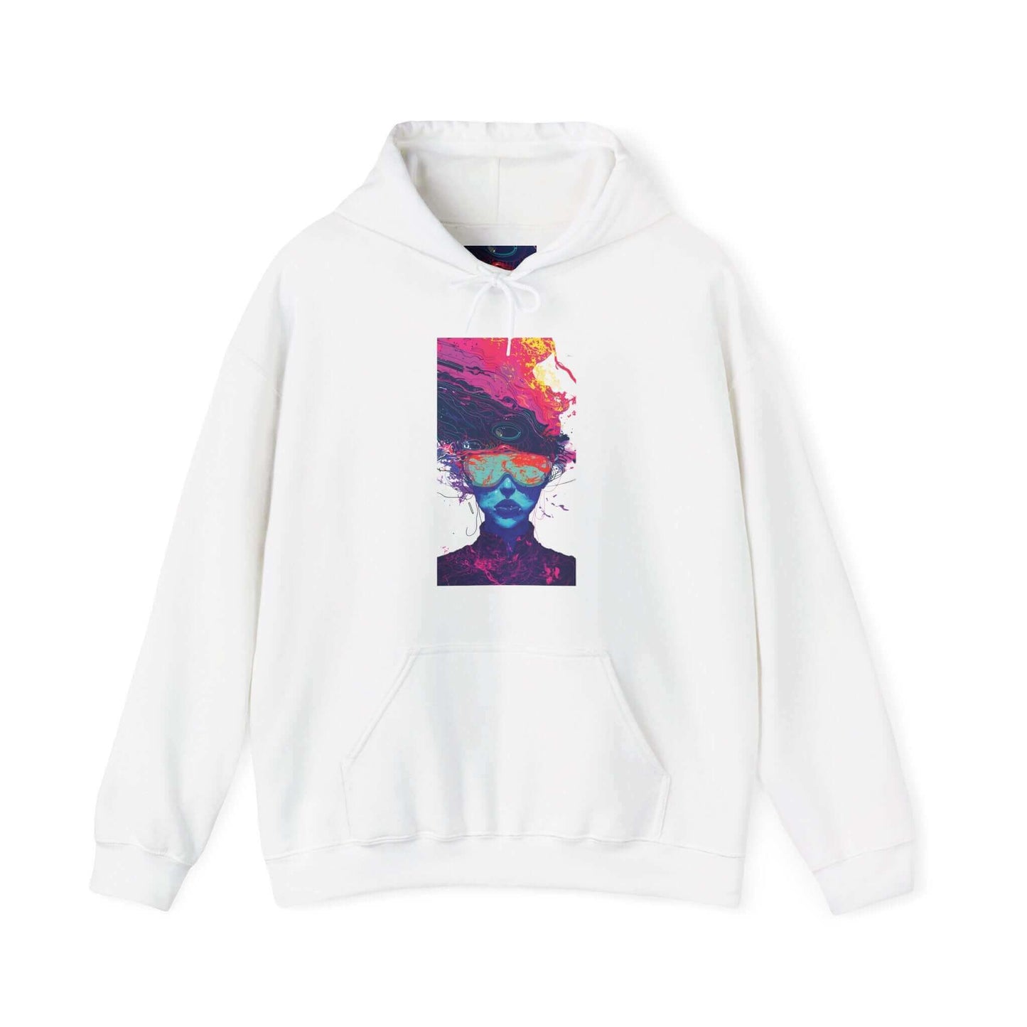 White hooded sweatshirt featuring a colorful, psychedelic face design on the front, perfect for those seeking bold graphic hoodies.
