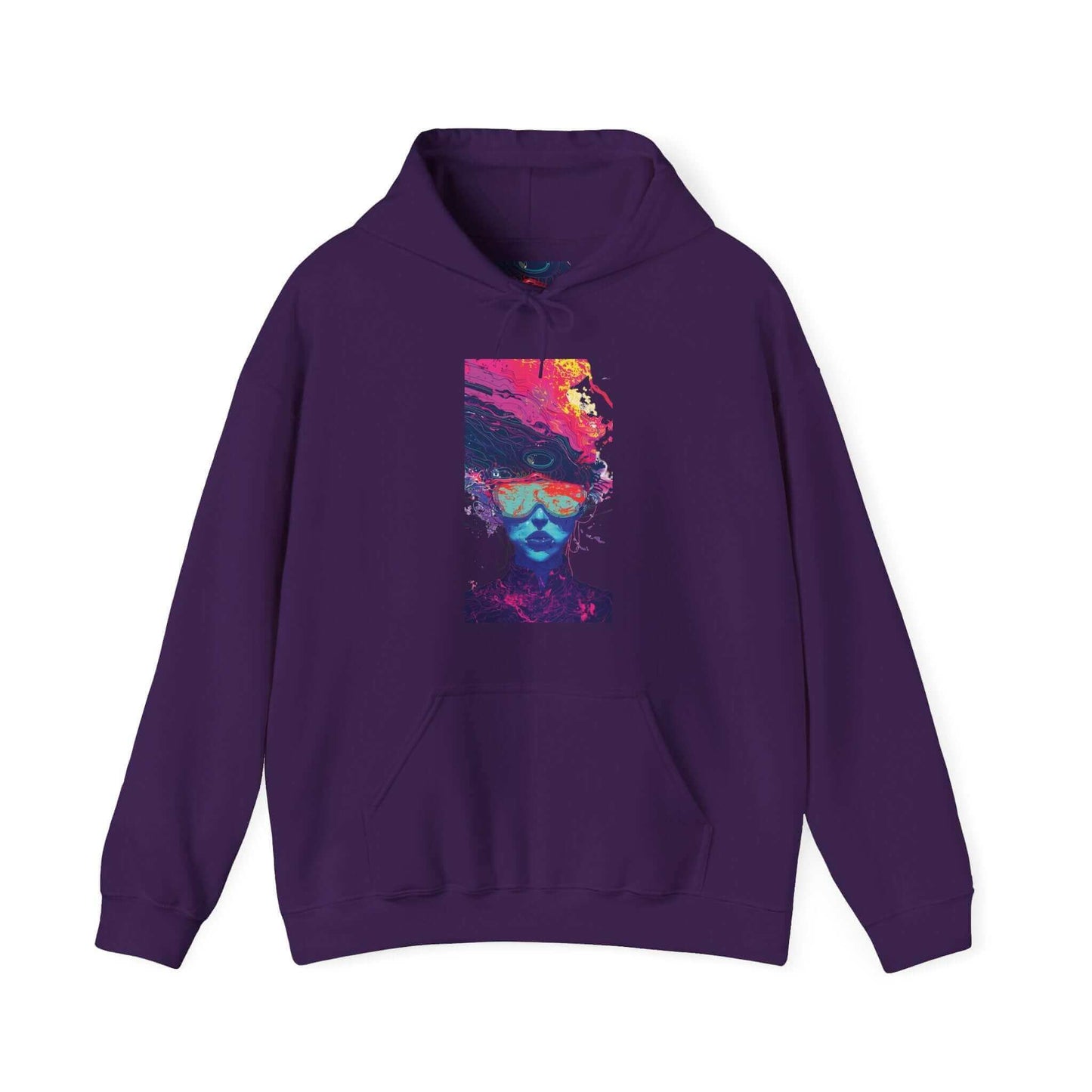Boldly designed Psychedelic Trip III graphic hoodie in purple with vibrant, abstract face print, ideal for stylish comfort and warmth.