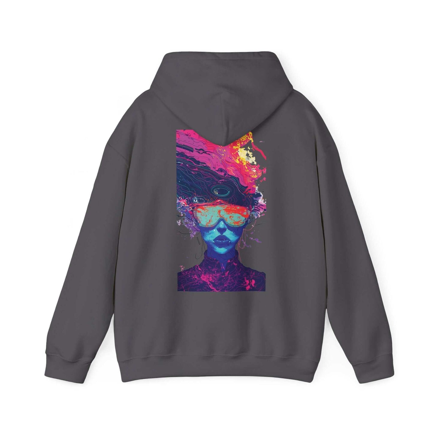 Unisex gray hoodie featuring a bold, psychedelic face design in vibrant colors, ideal for graphic hoodies enthusiasts.
