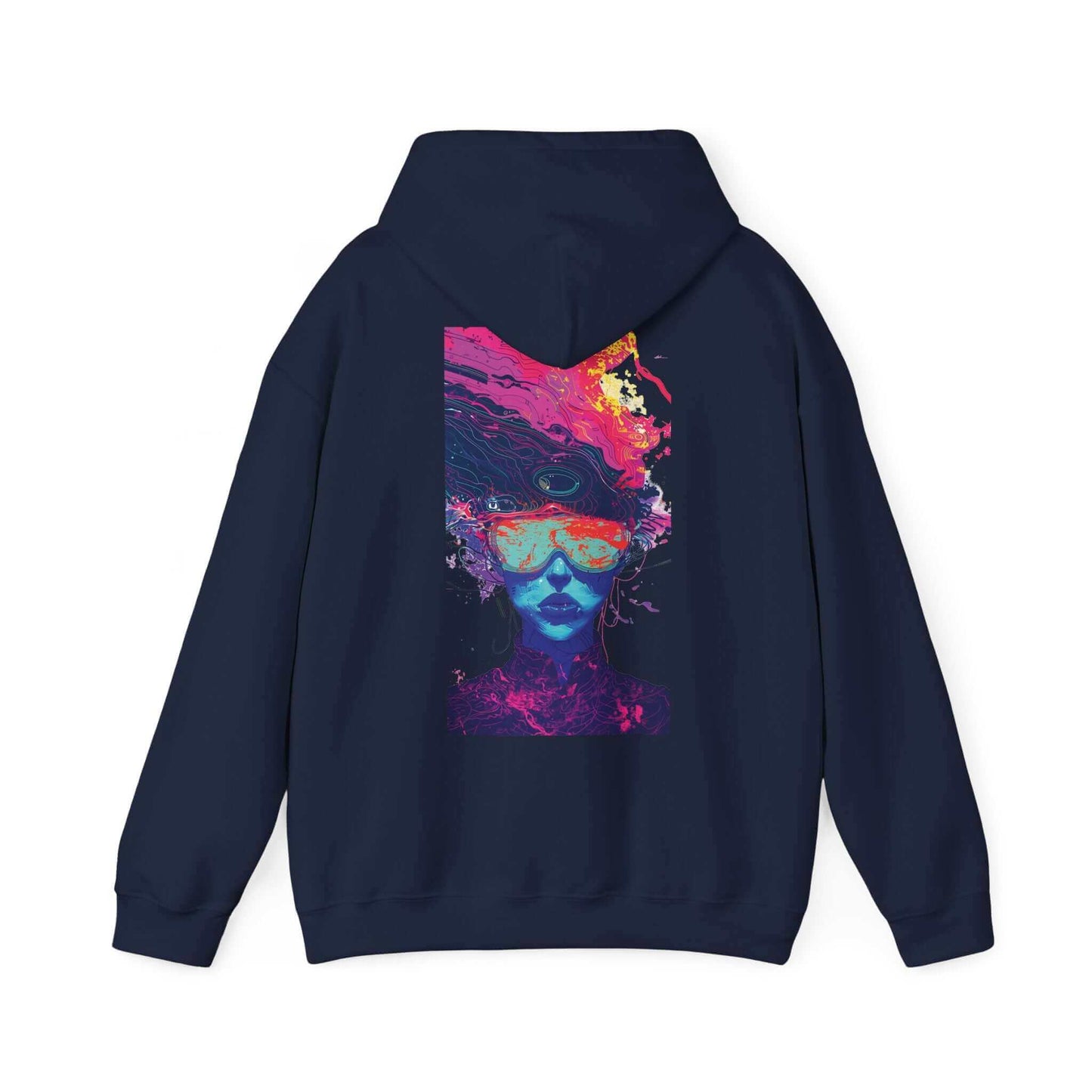 Navy unisex hoodie featuring a bold, colorful psychedelic face design, ideal for those who love graphic hoodies with unique prints.