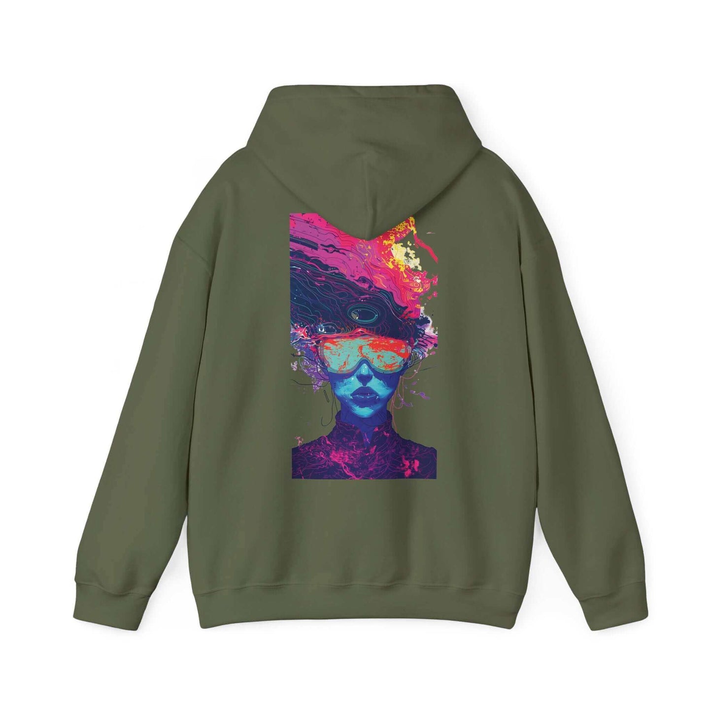 Olive green unisex hoodie with a vibrant, psychedelic face design in bold colors, ideal for graphic hoodies and bold designs enthusiasts.
