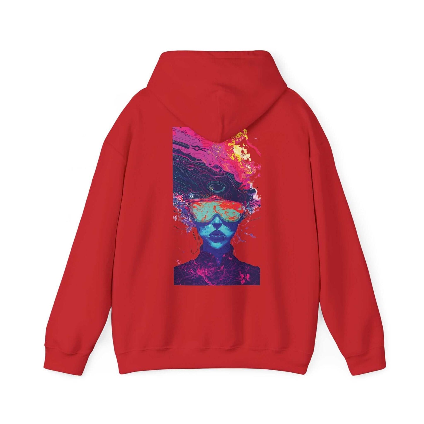 Red hooded sweatshirt featuring a psychedelic face design in vibrant pink and blue, showcasing bold graphic hoodie style.