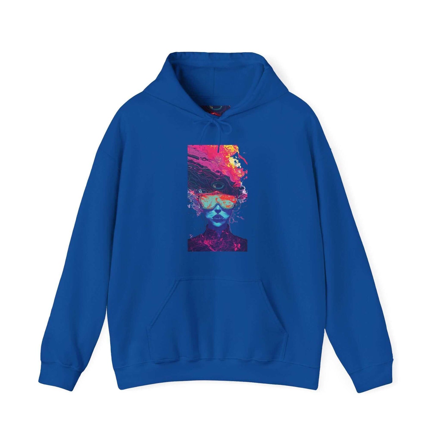 Psychedelic Trip III Hooded Sweatshirt featuring vibrant, bold designs on blue background, perfect for graphic hoodie enthusiasts.