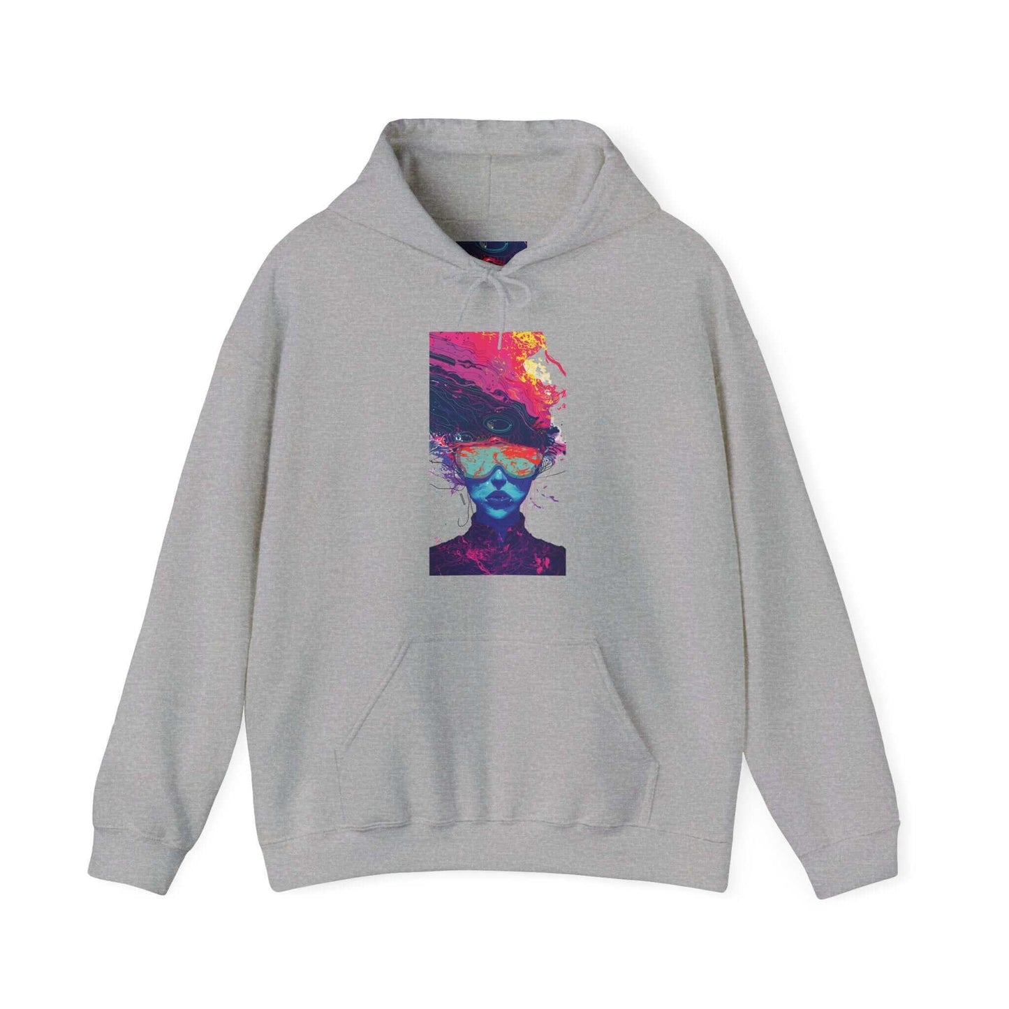 Unisex gray hooded sweatshirt featuring a vibrant, psychedelic face design, blending bold graphics with comfort and style.
