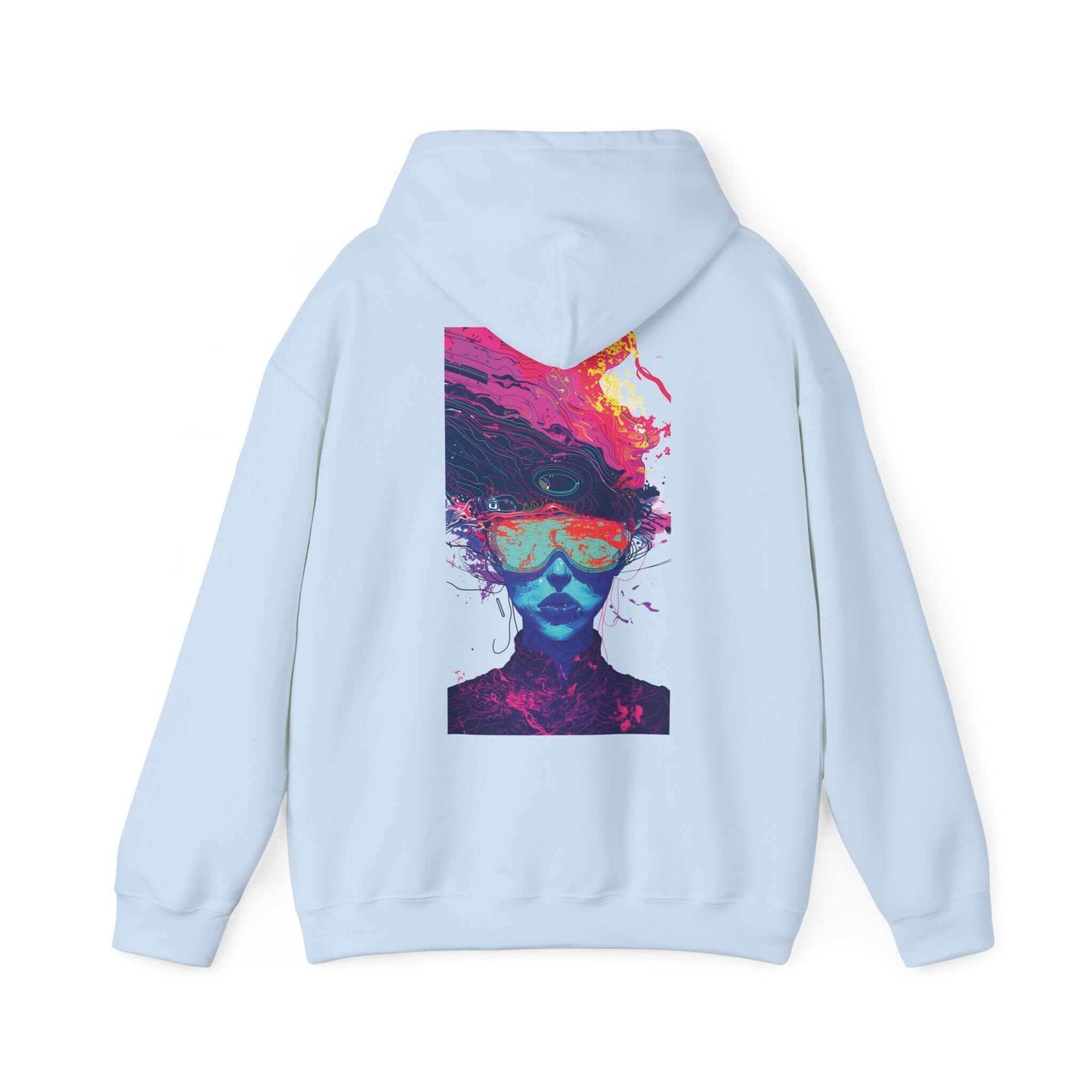 Light blue Psychedelic Trip III hooded sweatshirt with a bold, colorful abstract face design on the back, perfect for graphic hoodie enthusiasts.