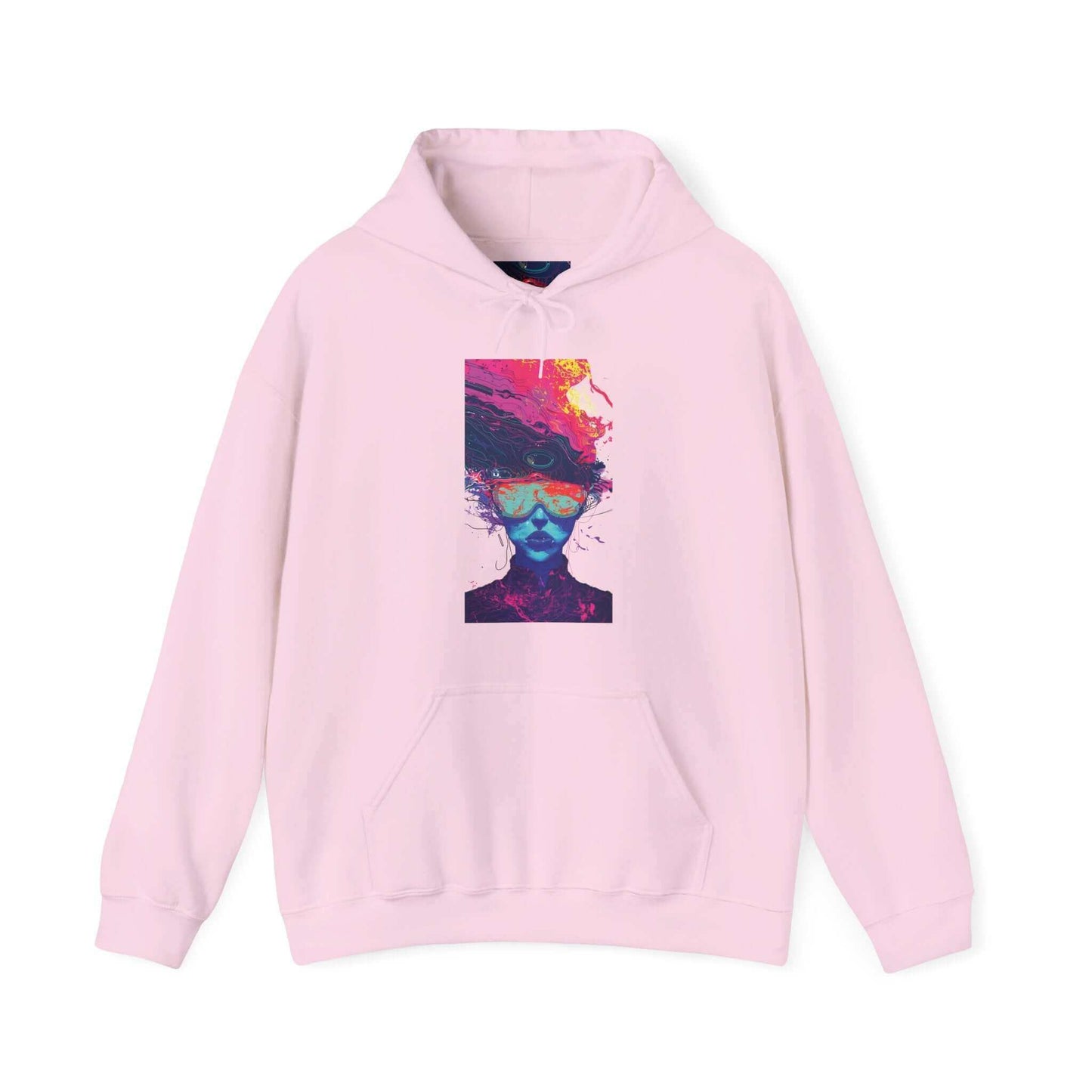 Pink "Psychedelic Trip III" hooded sweatshirt with bold graphic design on front, featuring vibrant, abstract face print.