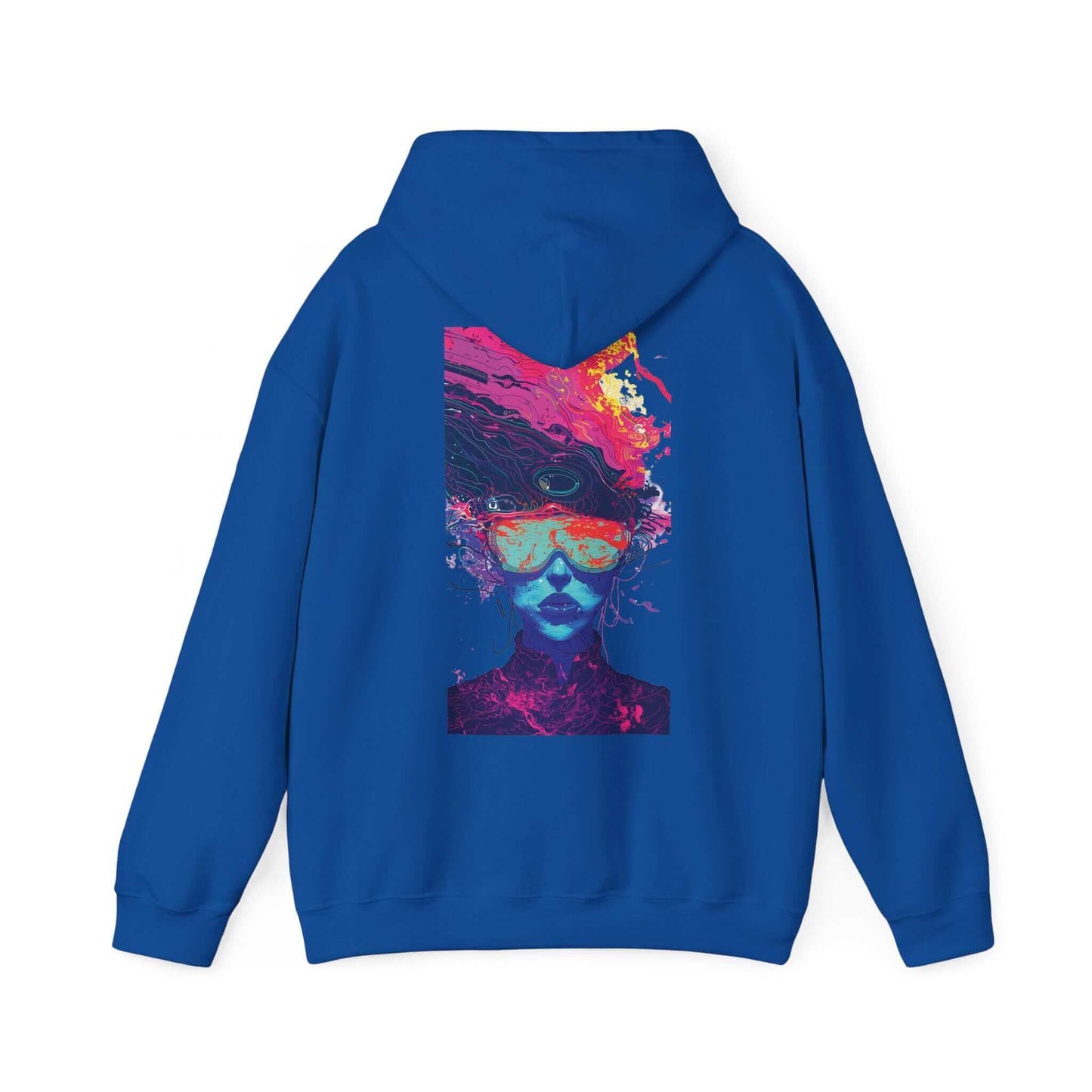 Bold blue graphic hoodie featuring a vibrant, psychedelic print of a face on the back, ideal for those who love unique, bold designs.