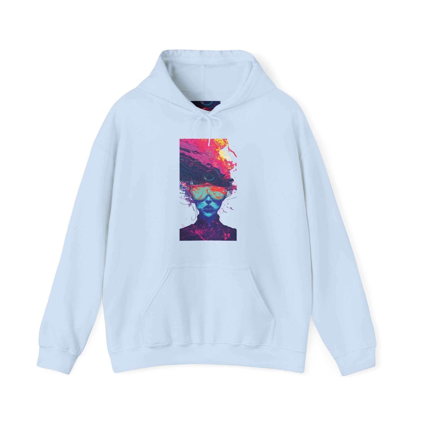 Psychedelic Trip III graphic hooded sweatshirt with a bold, colorful abstract design on a blue hoodie, showcasing creativity and style.