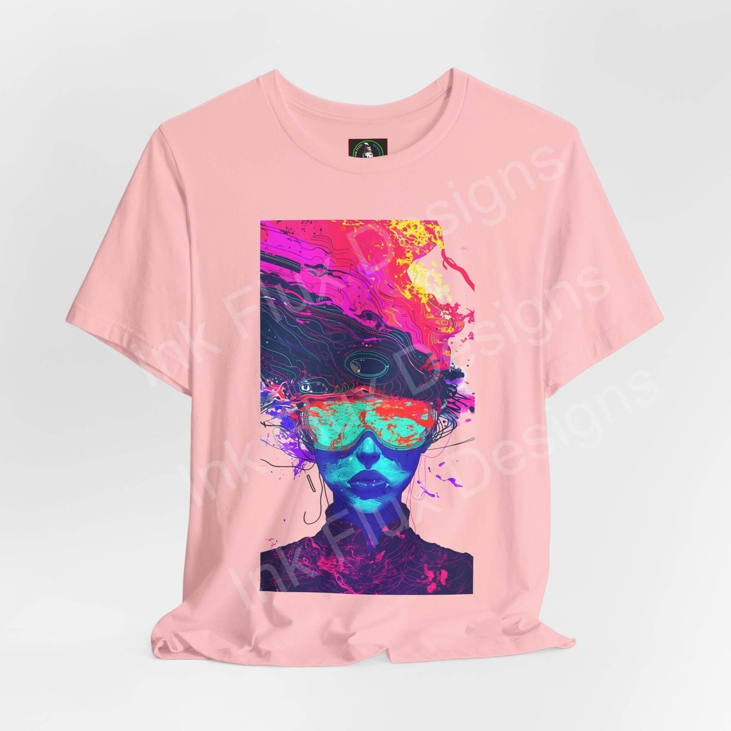 Pink unisex jersey T-shirt featuring a bold psychedelic graphic of a face in vibrant trippy colors, perfect for those who love unique graphic tees.