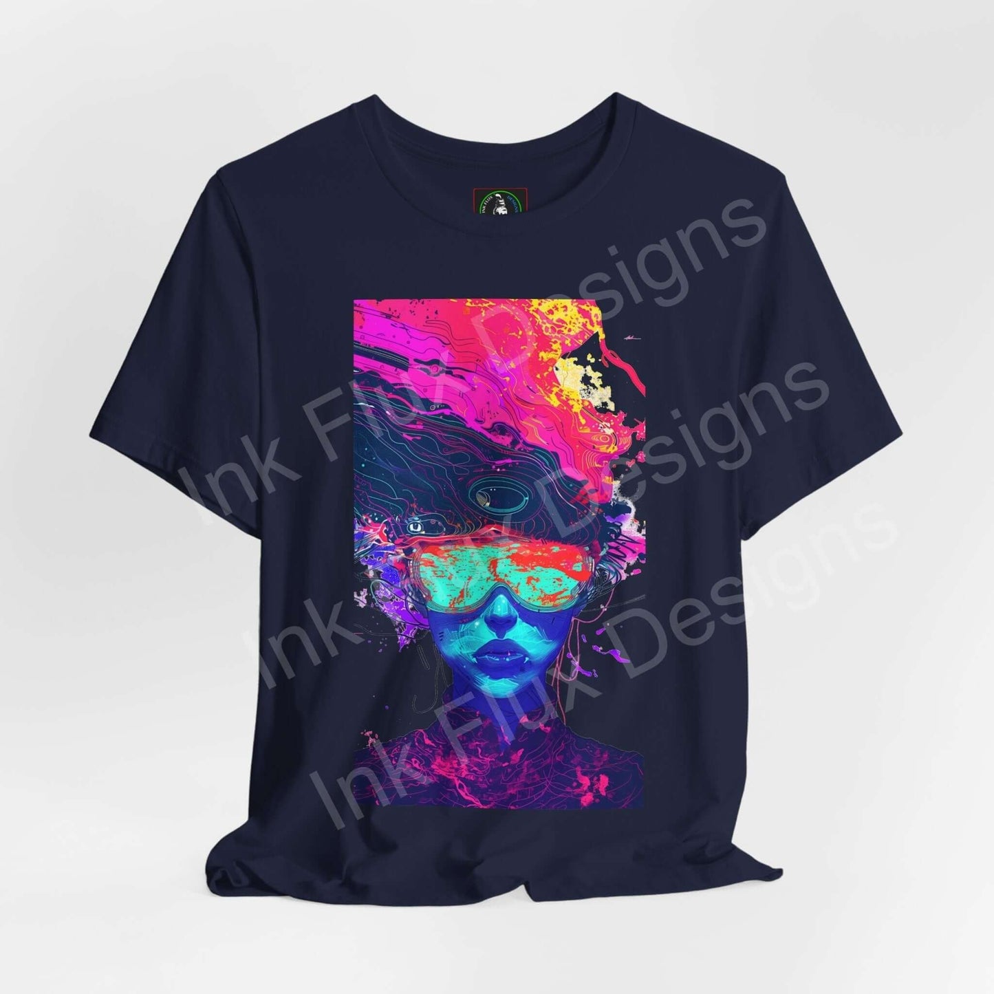 Navy unisex T-shirt featuring a bold psychedelic graphic with vibrant, trippy colors and abstract face design, perfect for fans of unique graphic tees.