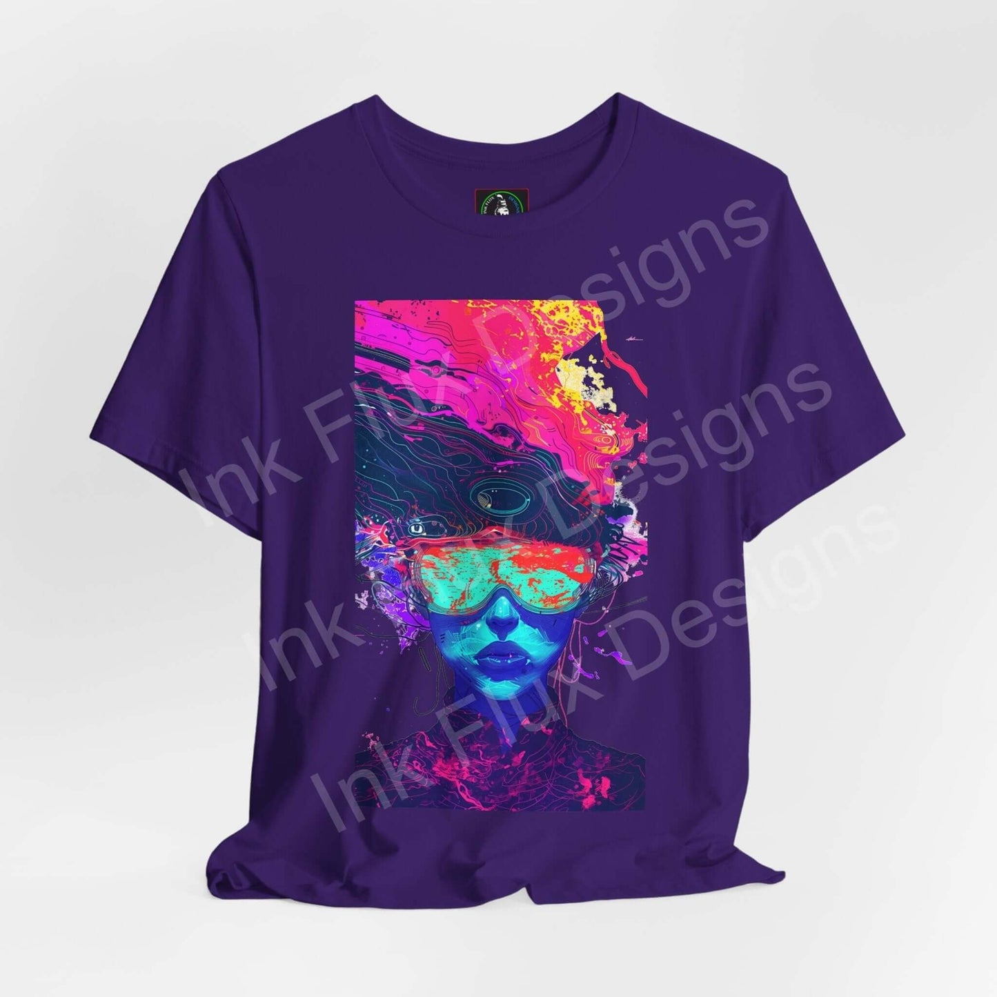 Unisex purple T-shirt featuring a bold psychedelic graphic with vibrant, trippy colors and abstract patterns, ideal for those who love statement tees.