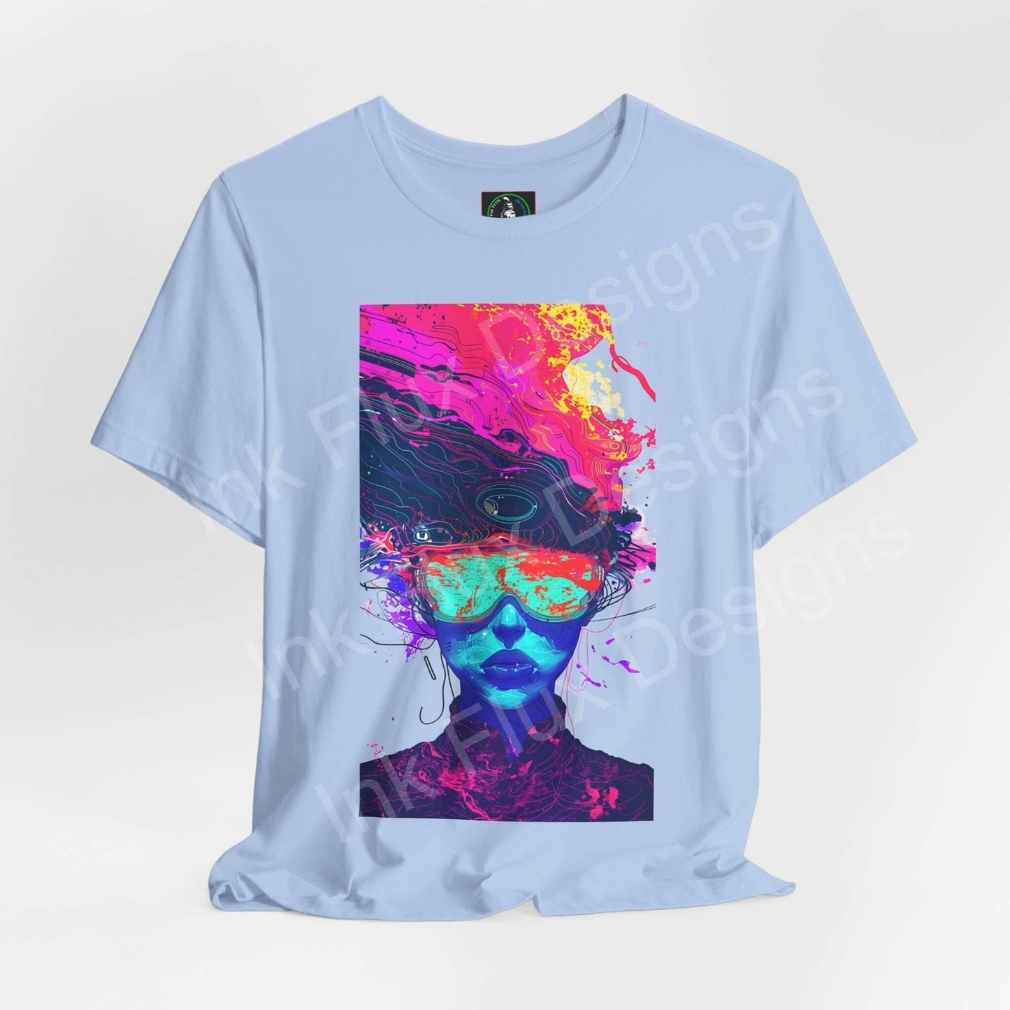 Light blue unisex T-shirt featuring a bold psychedelic graphic with vibrant pink and purple hues and a trippy face design, perfect for stylish comfort.