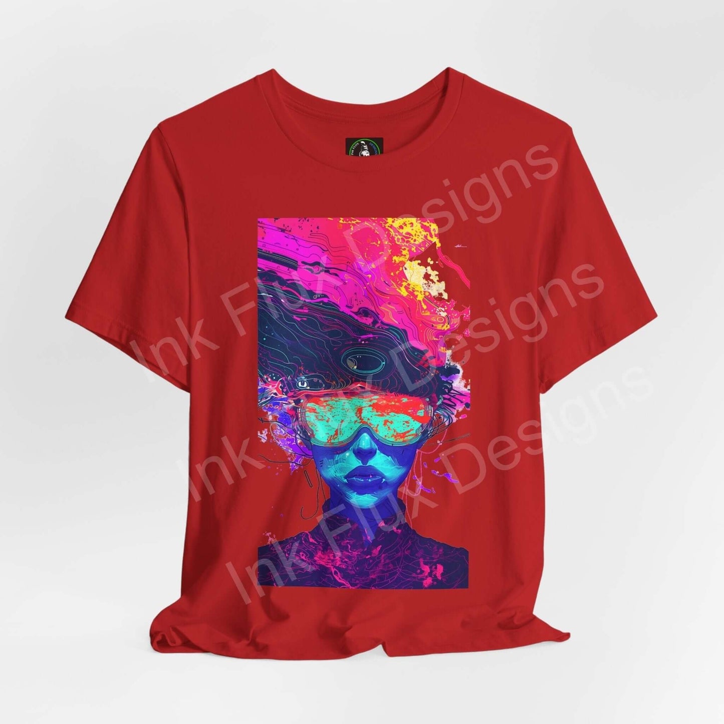 Red unisex T-shirt featuring bold psychedelic graphic with vibrant, trippy face design, perfect for expressive style.