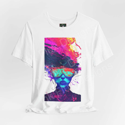Unisex white T-shirt featuring a bold psychedelic graphic with vibrant, trippy colors and a stylized face design, made from soft Airlume cotton.