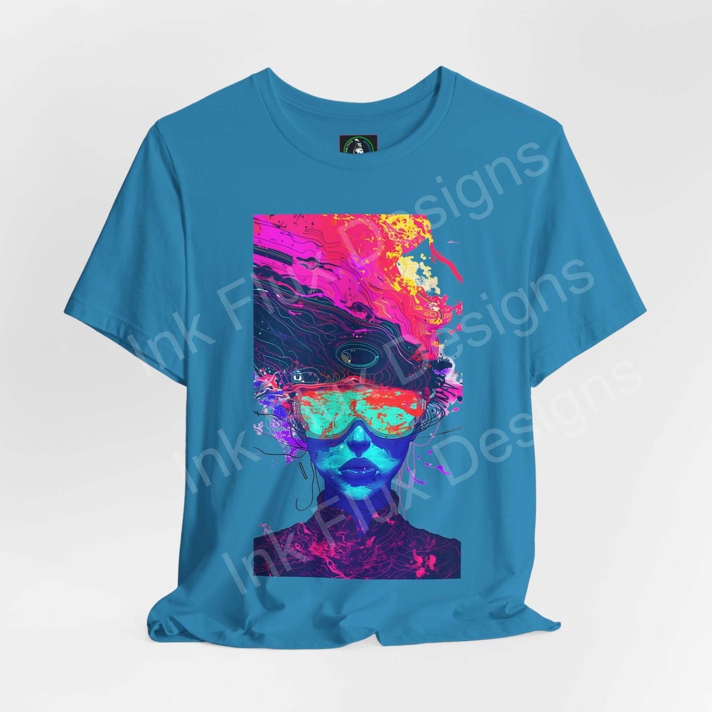 Bold graphic tee featuring a psychedelic, trippy design with vibrant colors on a unisex blue T-shirt, ideal for expressing a unique style.