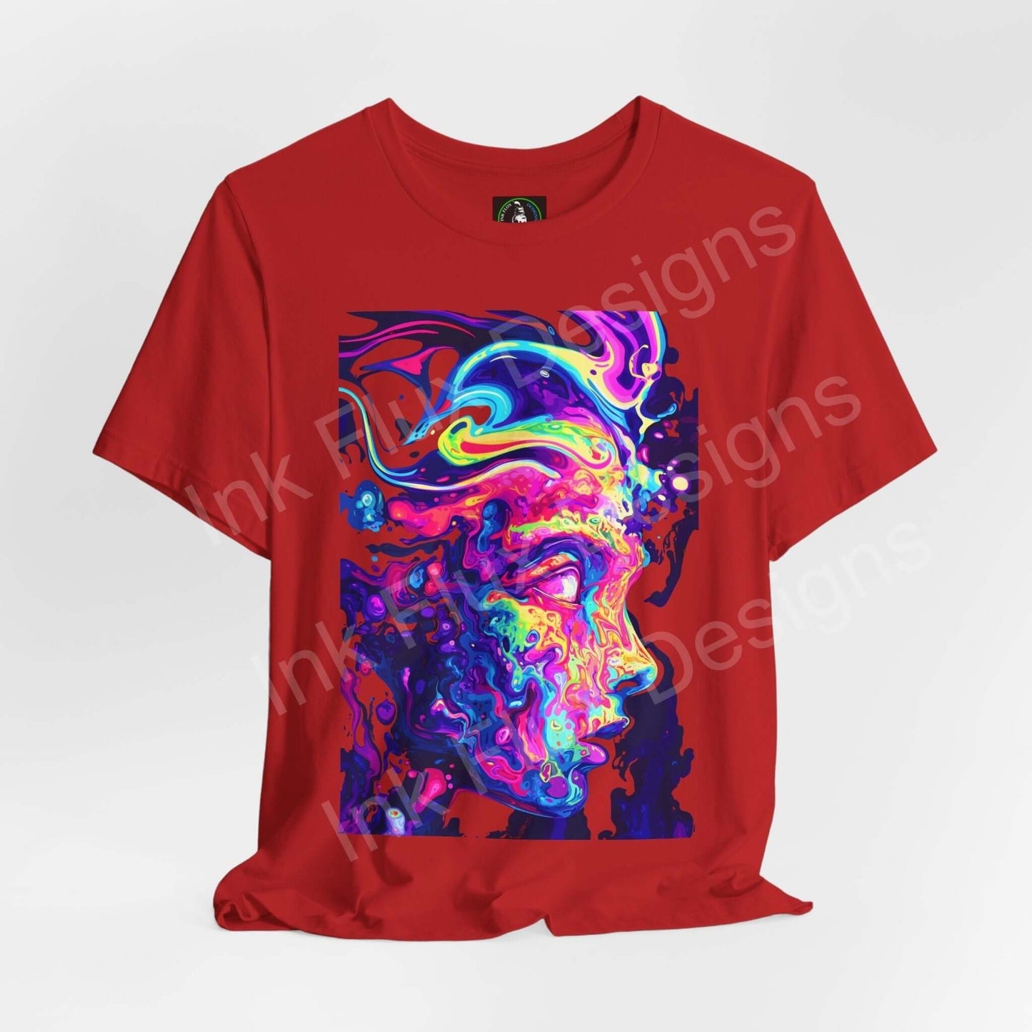 Red unisex T-shirt featuring bold psychedelic and trippy graphic design, crafted from soft Airlume cotton, ideal for stylish comfort.