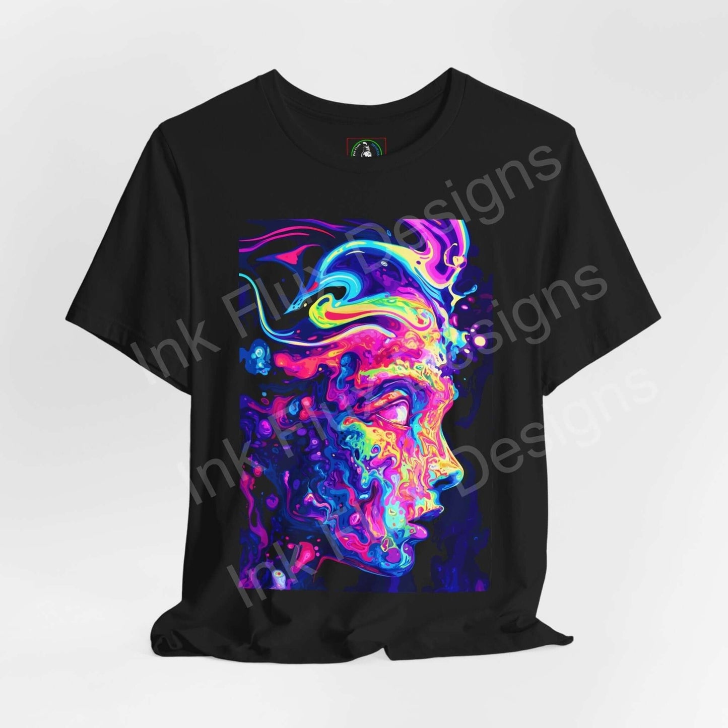 Black unisex T-shirt featuring a vibrant, psychedelic graphic of a melting face in bold colors, ideal for those who love trippy and graphic tees.