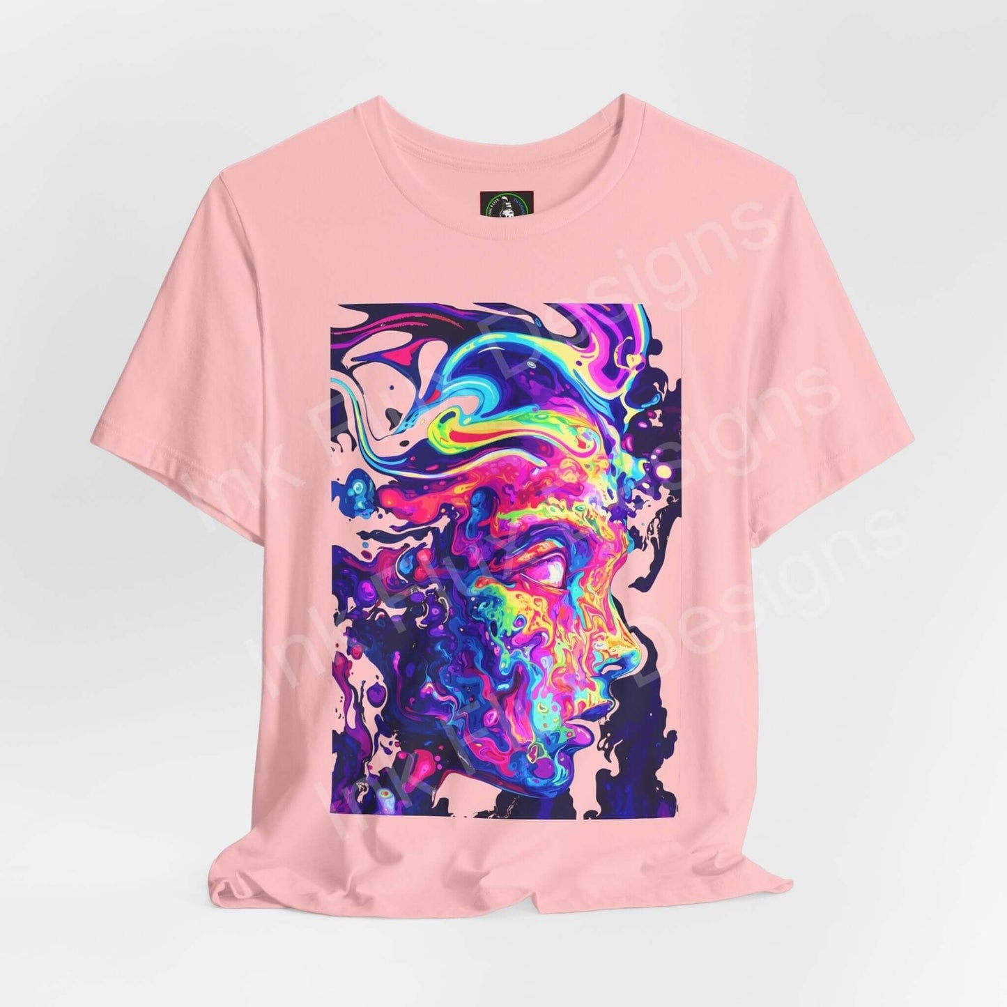 Pink unisex T-shirt with bold psychedelic graphic print featuring vibrant, trippy colors and abstract design.