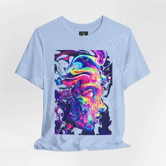 Unisex light blue tee featuring bold psychedelic graphics, crafted for style and comfort, ideal for casual wear.