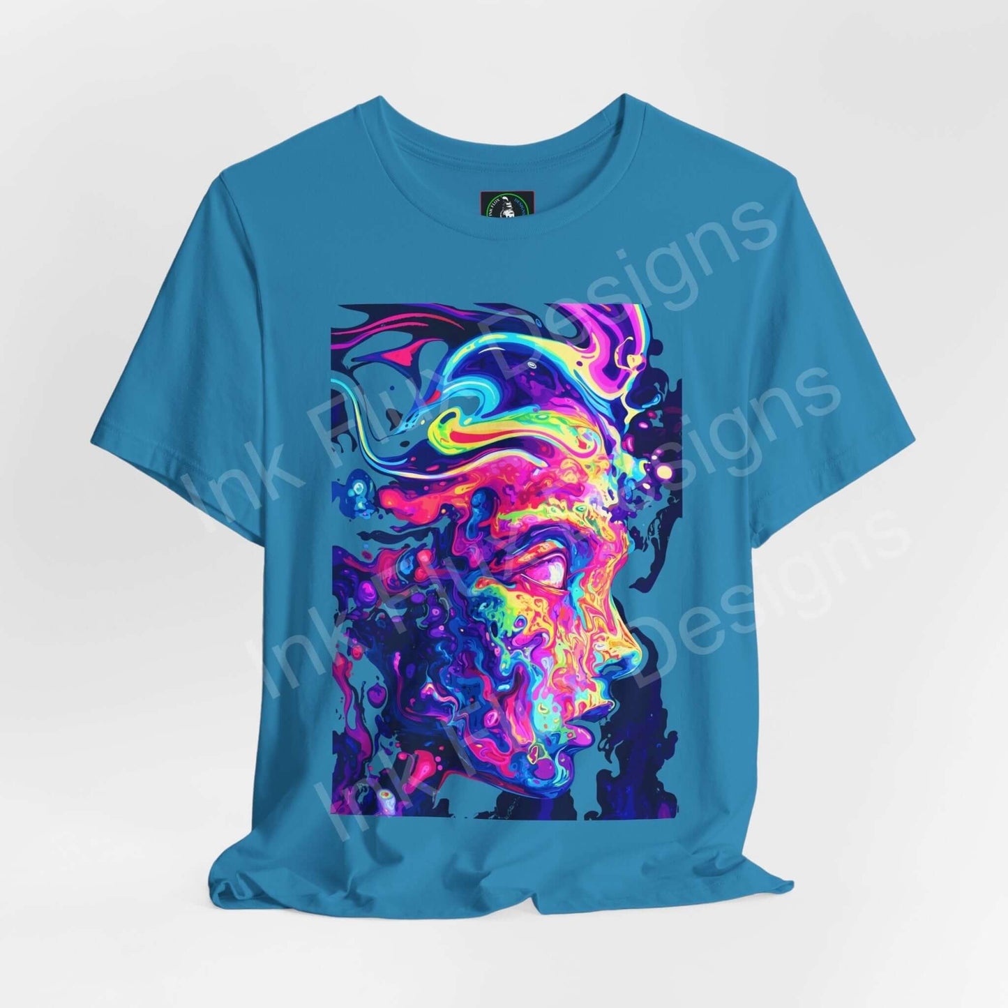 Psychedelic Trip IV graphic tee featuring bold, trippy visuals in vibrant colors on a blue unisex shirt, perfect for style and comfort.