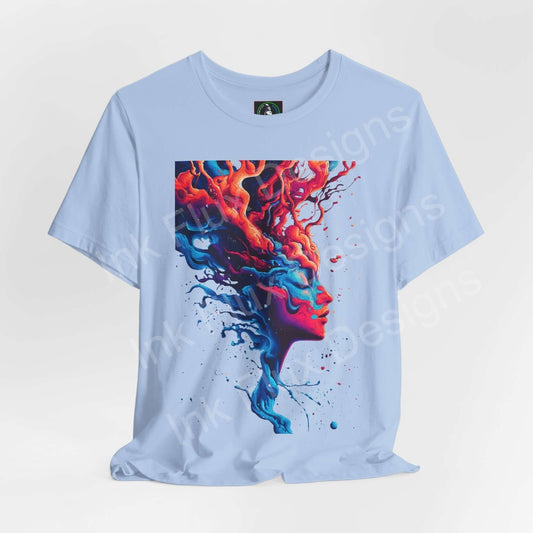 Unisex light blue T-shirt featuring a bold, colorful psychedelic graphic with vibrant splashes, perfect for trippy style enthusiasts.