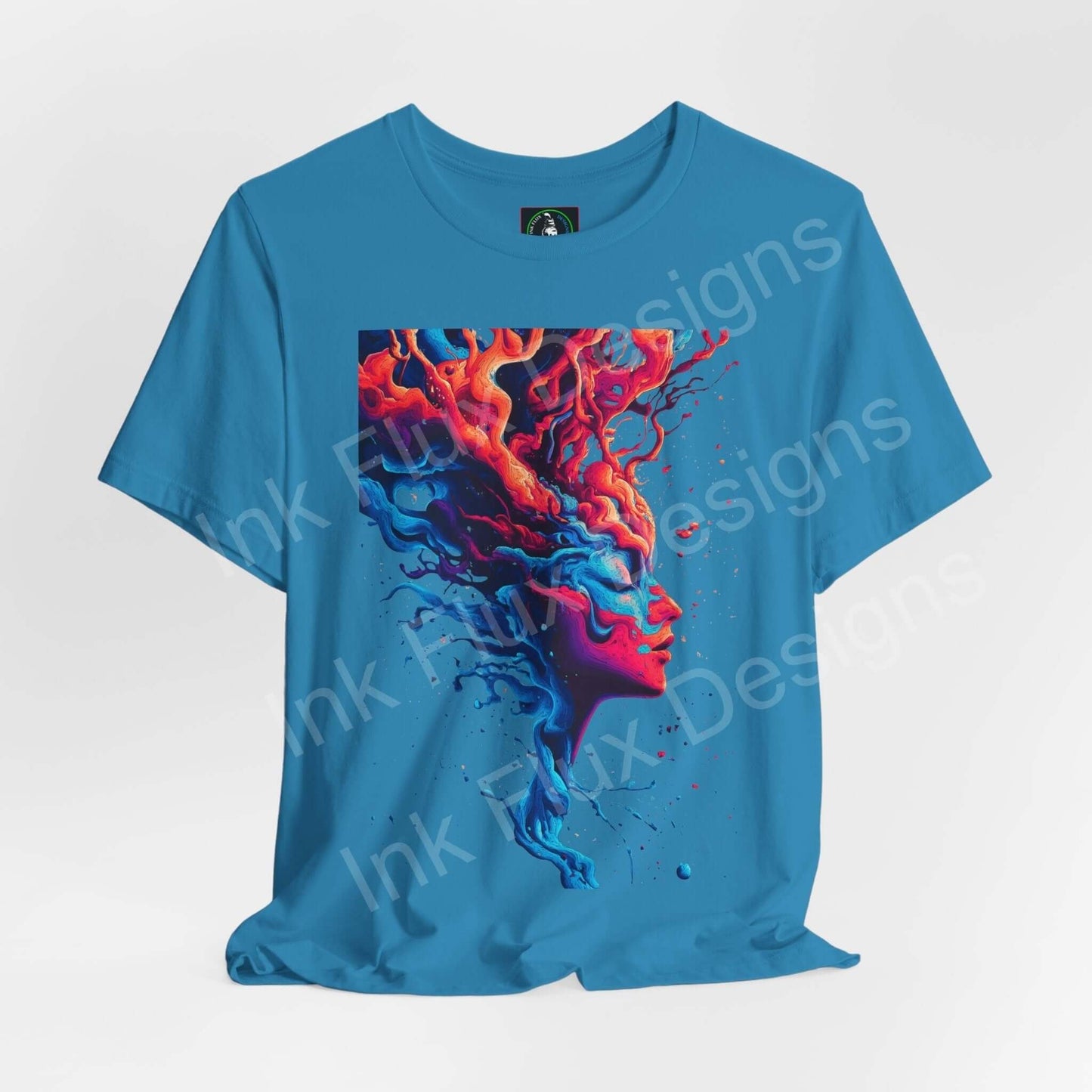 Unisex blue T-shirt with a vibrant, psychedelic graphic featuring bold red and purple hues in a trippy, flowing design, ideal for stylish comfort.