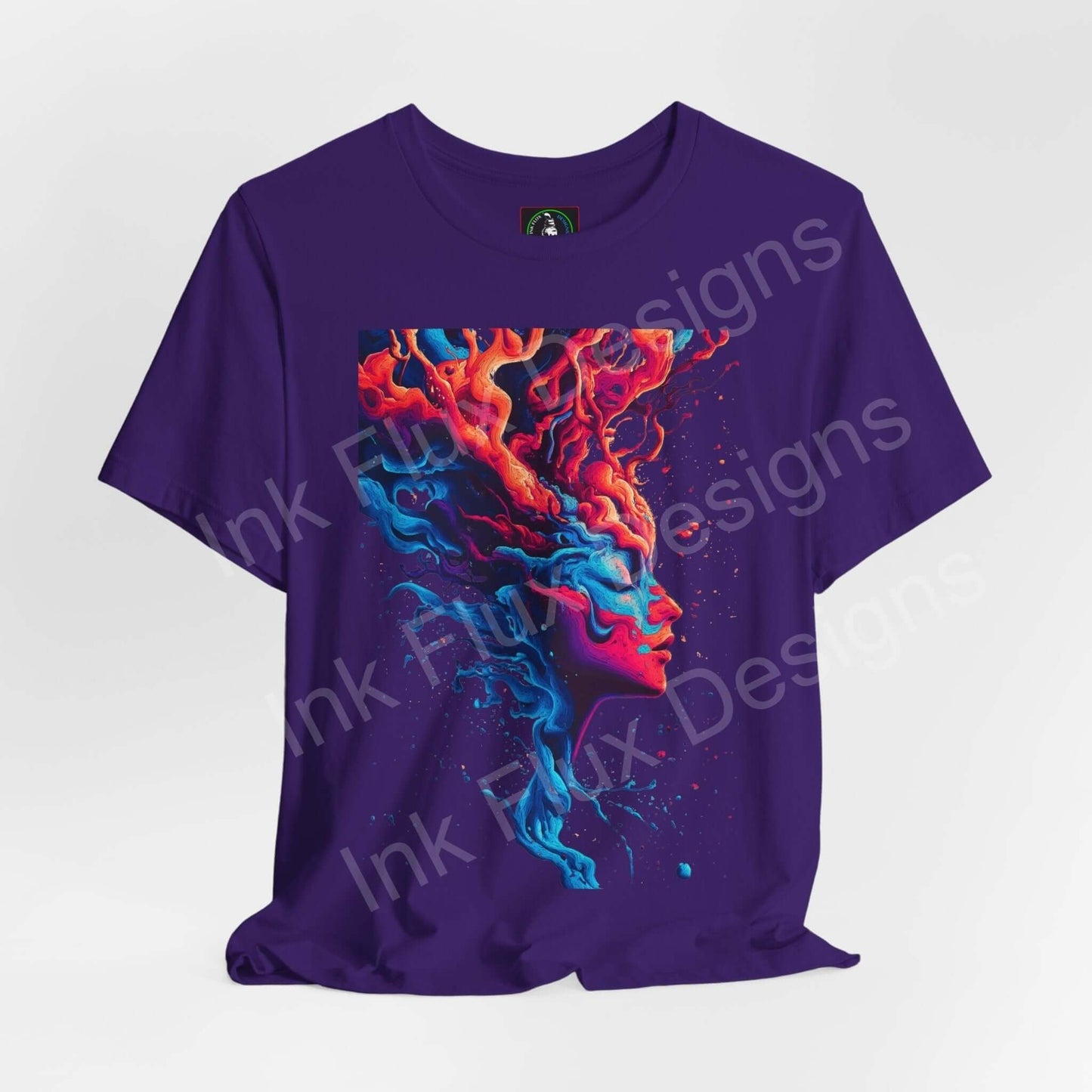Trippy psychedelic graphic tee with bold face-themed design in vibrant colors on a purple Bella+Canvas shirt, ideal for style and comfort.