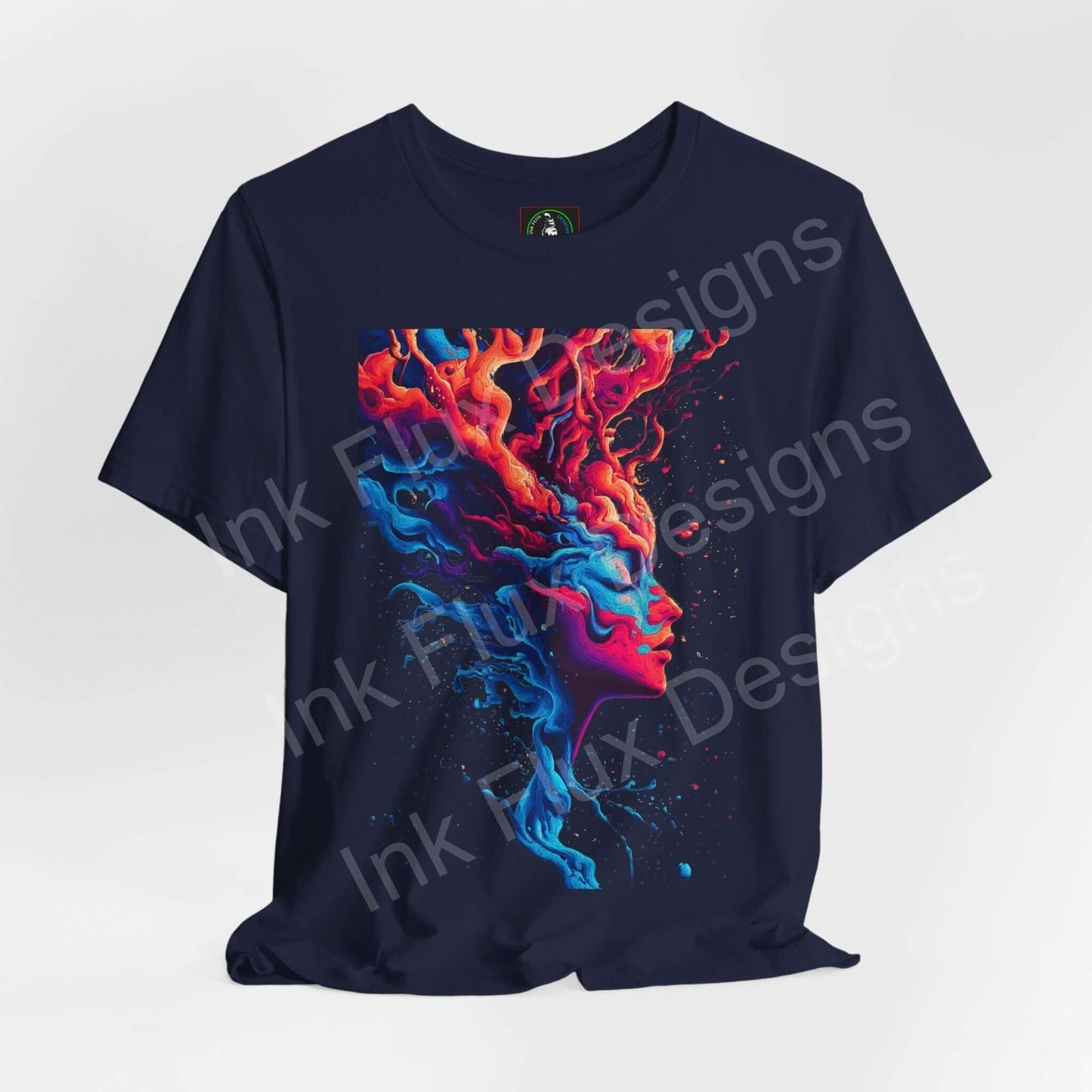 Psychedelic Trip IX T-shirt featuring bold, trippy graphic of vibrant colors blending on a navy tee, perfect for style and comfort.