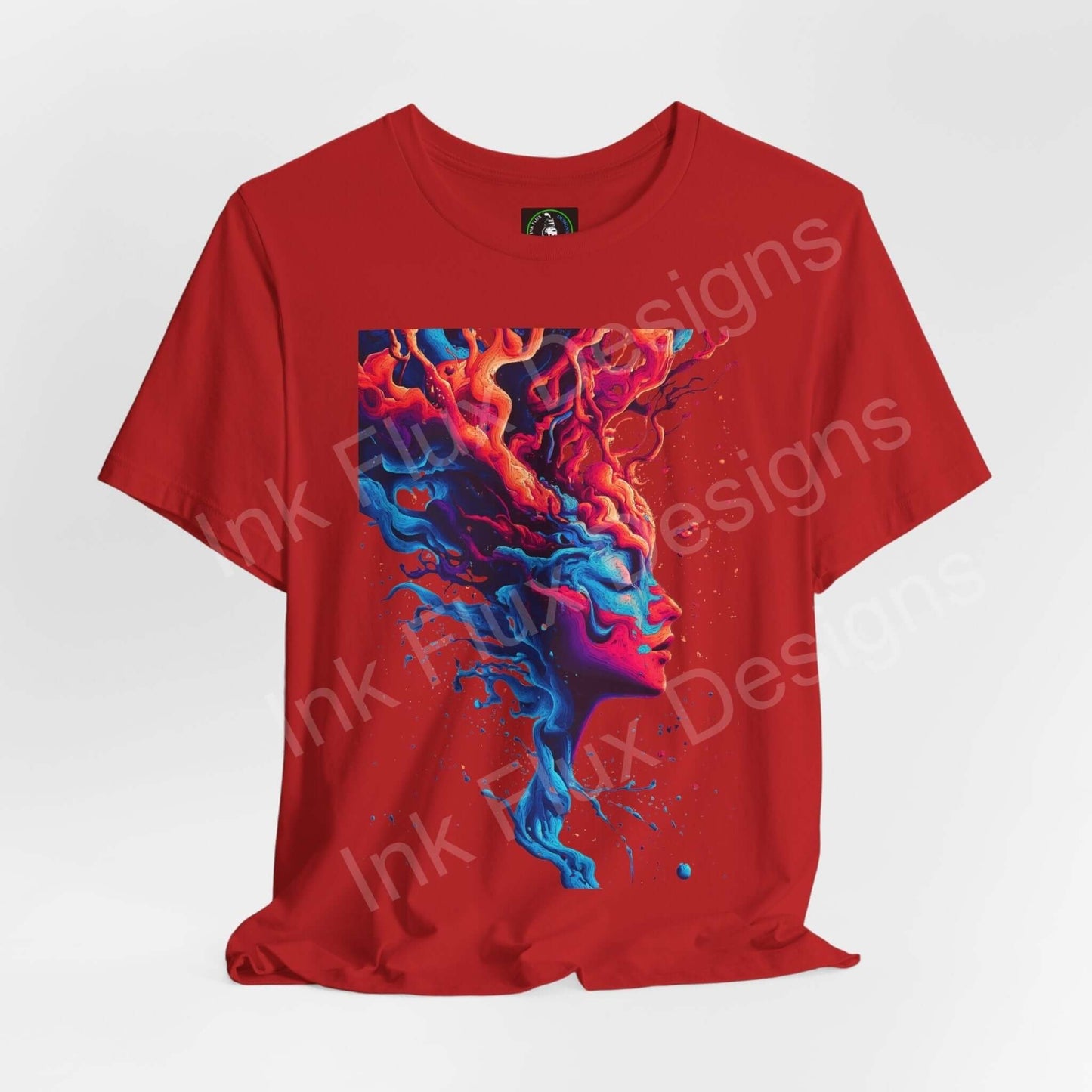 Bold red unisex T-shirt featuring a vibrant, psychedelic graphic print of swirling colors in deep blue and fiery red tones, perfect for stylish wear.