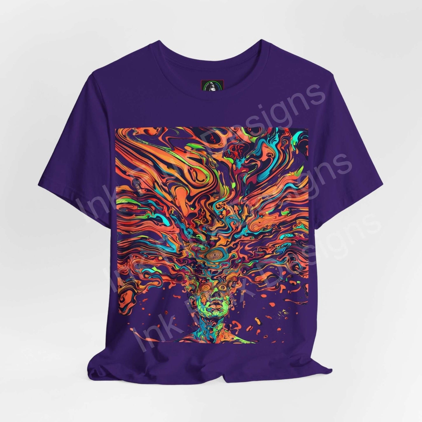 Purple psychedelic trippy T-shirt featuring bold, swirling graphic design in vibrant colors, ideal for stylish, comfortable wear.