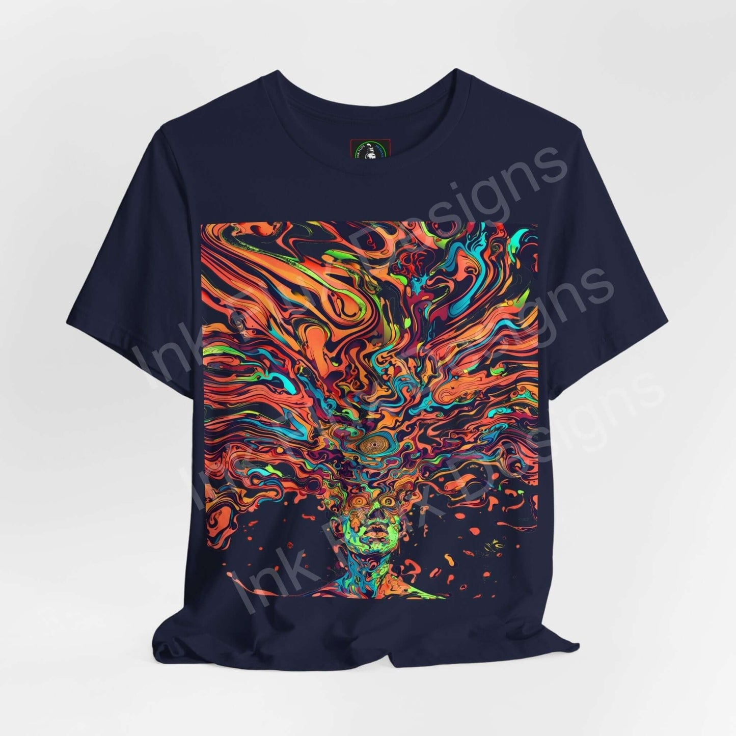 Navy unisex T-shirt with bold psychedelic graphic design in vibrant, trippy colors, perfect for stylish tees lovers.