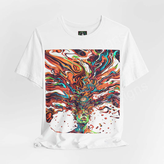 Unisex white T-shirt featuring bold, psychedelic graphic print in vibrant swirls of red, orange, and green, designed for style and comfort.