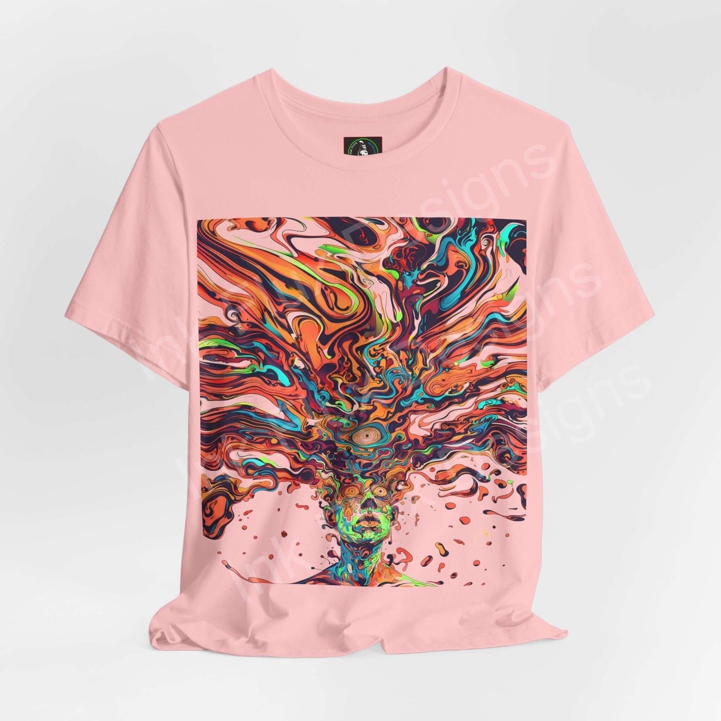 Pink unisex T-shirt with a bold psychedelic graphic print in vibrant swirls, designed for style and comfort.