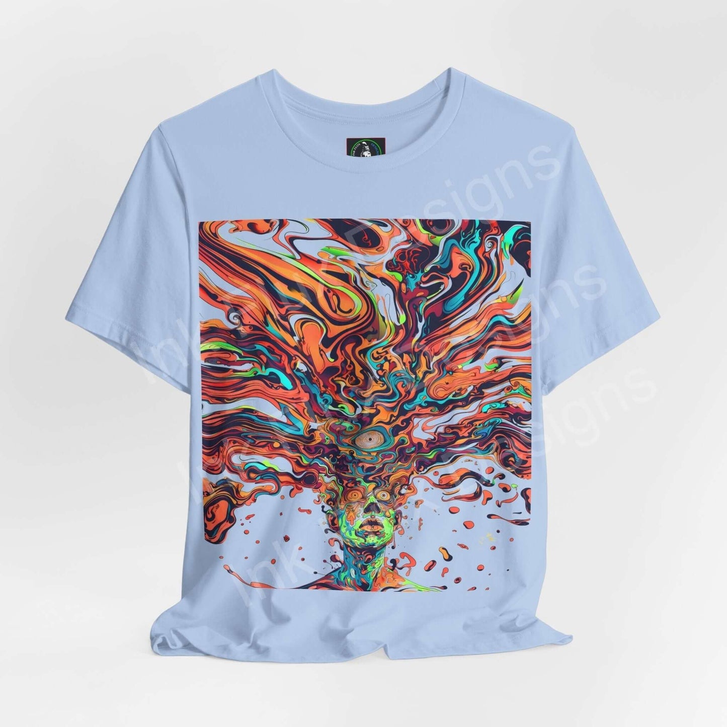 Psychedelic Trip V T-shirt with bold, trippy graphic print on light blue fabric, showcasing vibrant swirls and patterns.