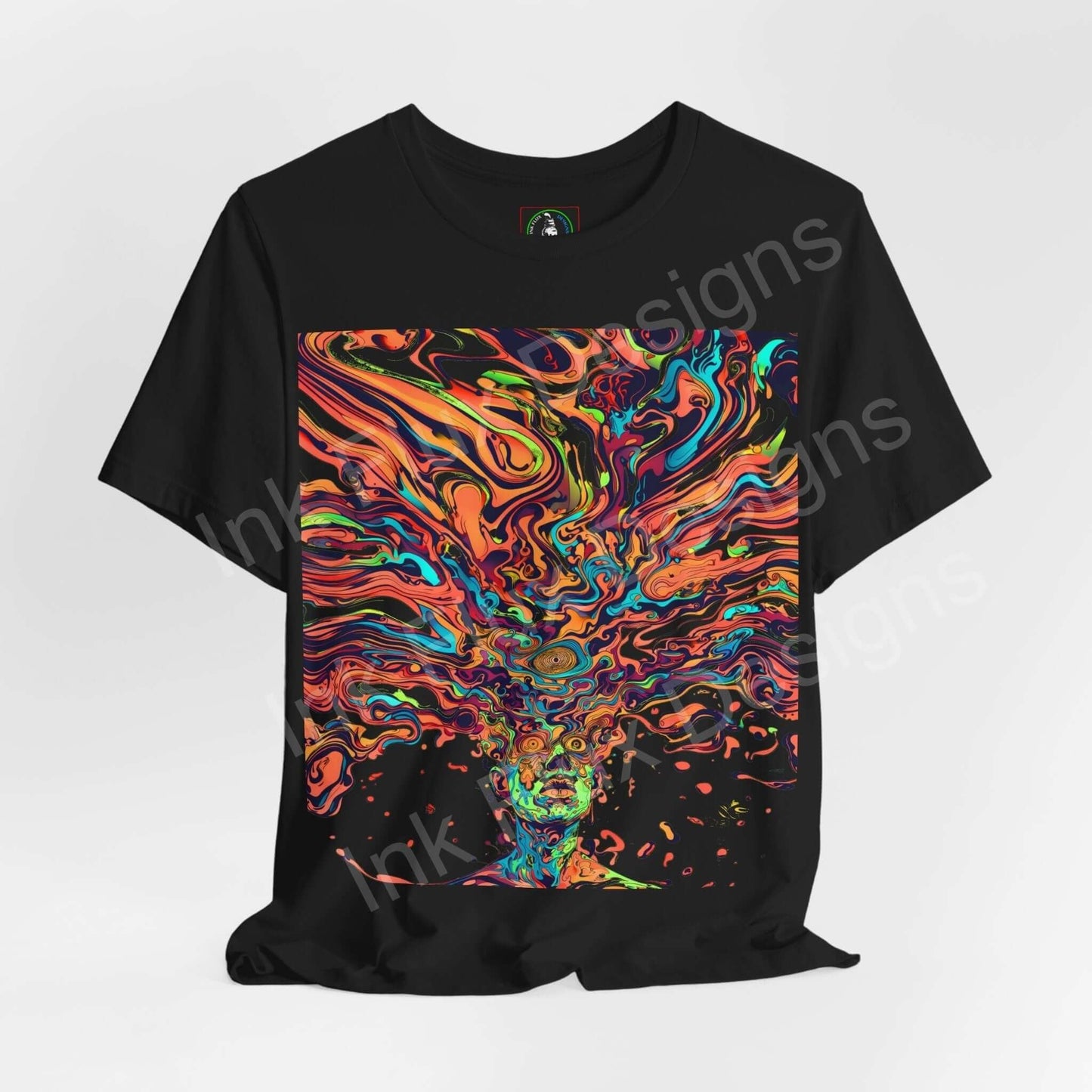 Black unisex T-shirt featuring a bold, psychedelic graphic with vibrant, swirling colors in a trippy design, ideal for stylish comfort.