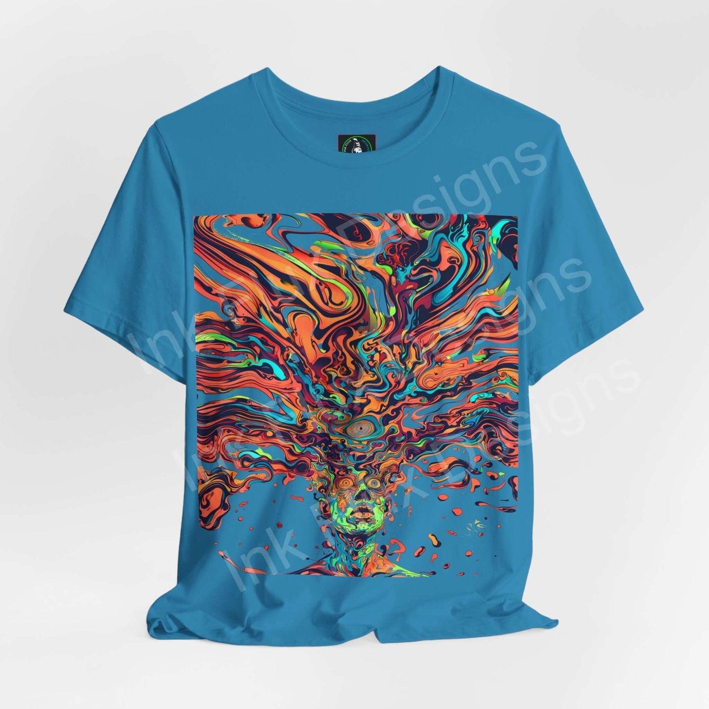 Blue unisex T-shirt featuring a bold, psychedelic graphic design with vibrant swirls and patterns, perfect for a trippy aesthetic.