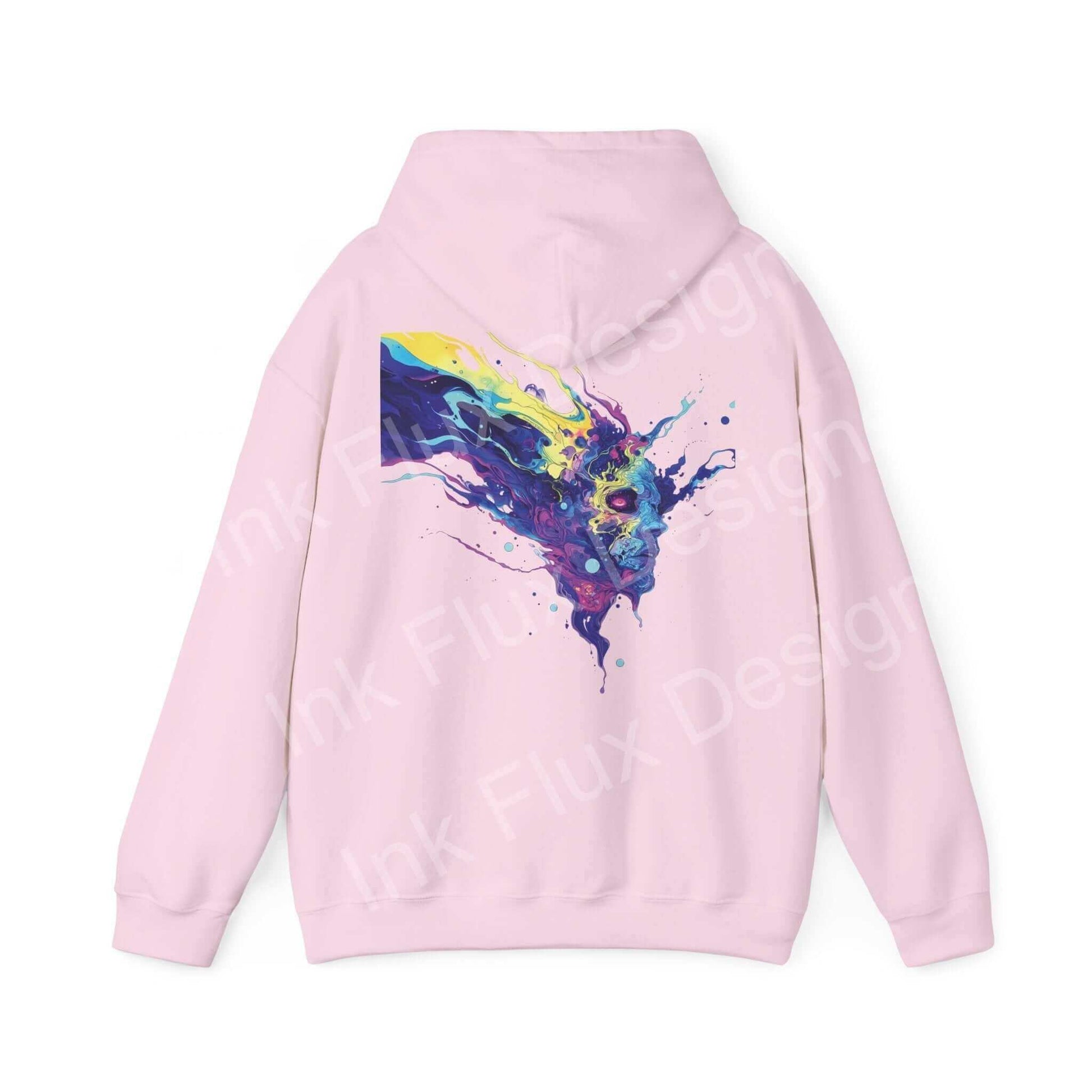 Pink hooded sweatshirt with a vibrant, abstract psychedelic print on the back from the Psychedelic Trip VI collection, showcasing bold graphic designs.
