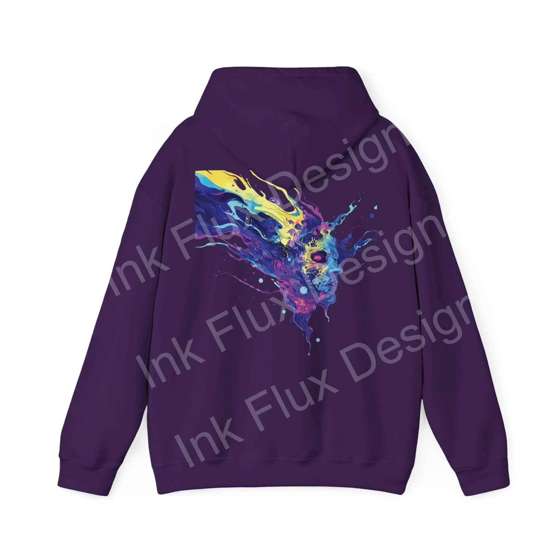 Unisex purple hoodie with vibrant, bold ink flux design graphic on back, blending premium cotton and polyester for style and comfort.