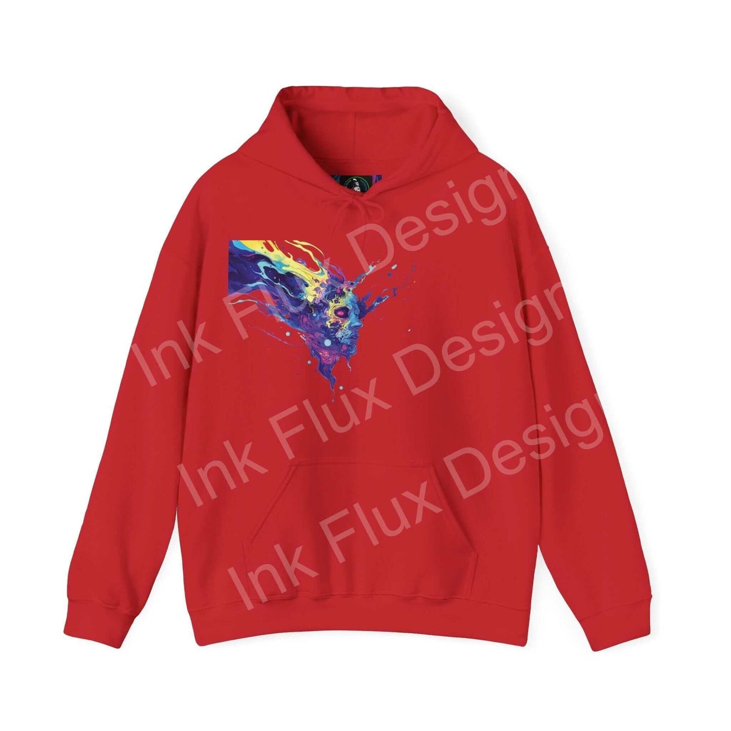 Red hooded sweatshirt featuring a vibrant, psychedelic graphic design on the front from Ink Flux Designs.
