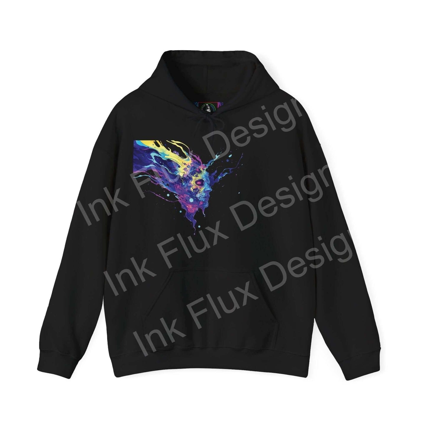 Unisex black hoodie featuring a bold, colorful psychedelic ink design on the front, ideal for graphic hoodie enthusiasts.