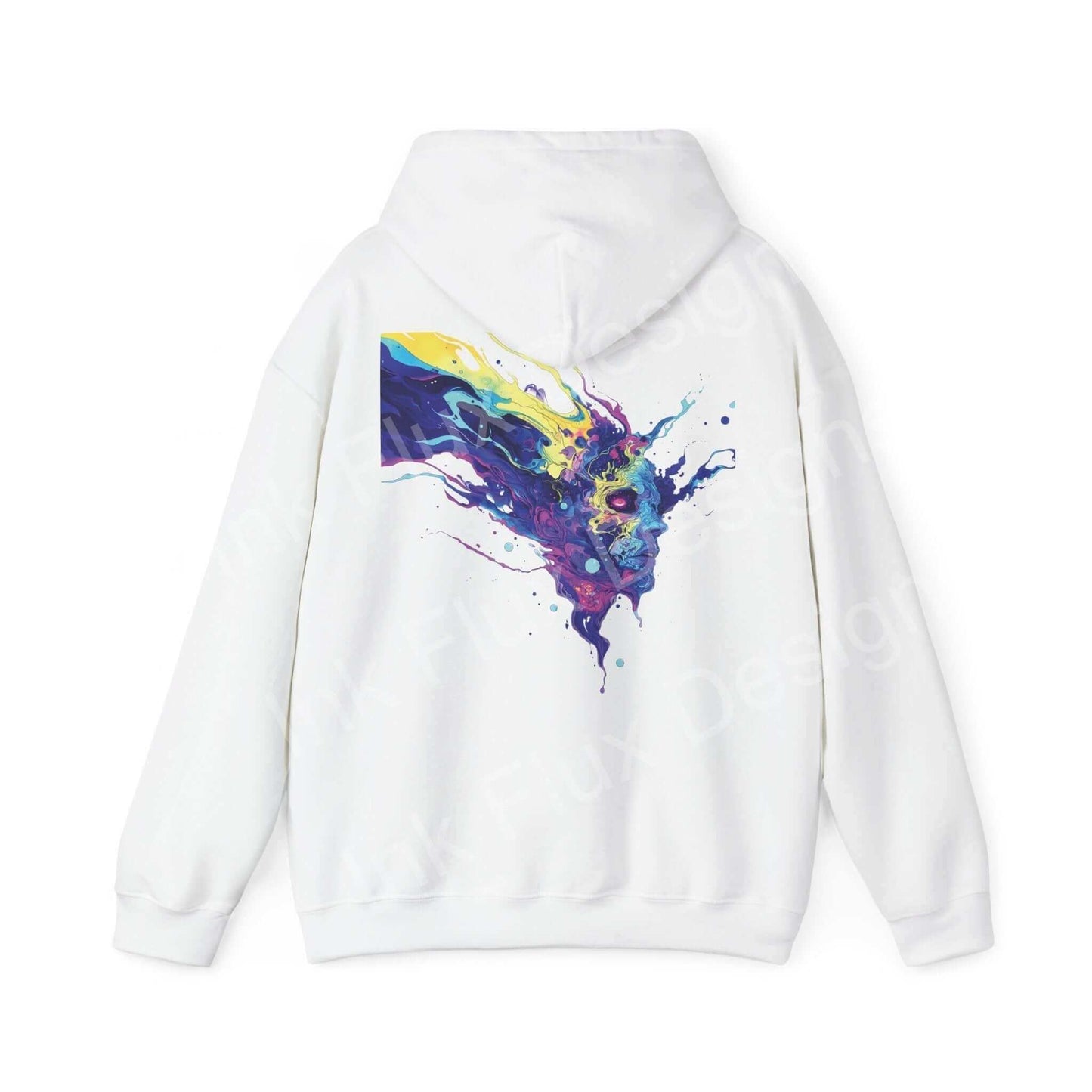 Unisex white hooded sweatshirt with a vibrant psychedelic splash design on the back, showcasing bold graphic hoodie style.