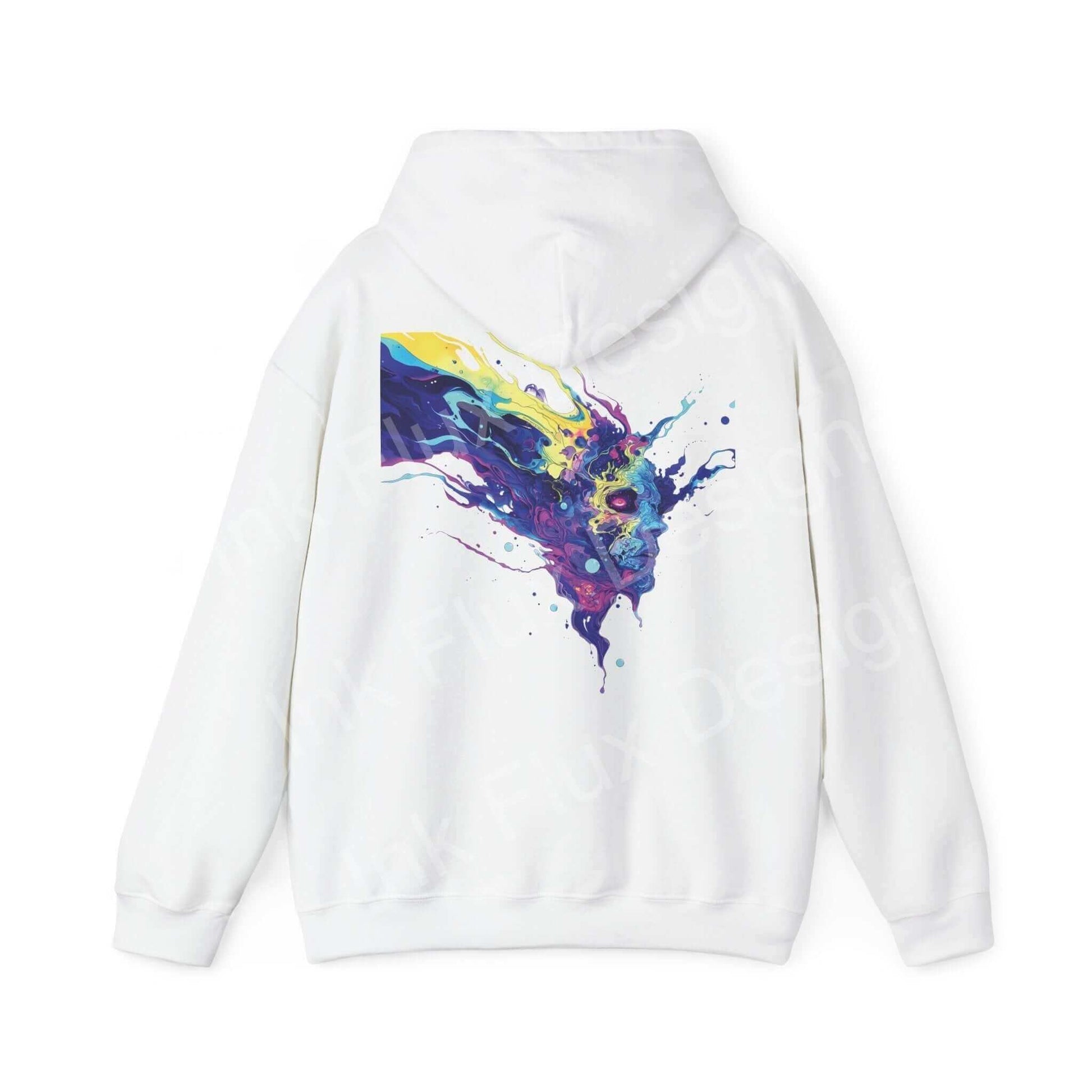 Unisex white hooded sweatshirt with a vibrant psychedelic splash design on the back, showcasing bold graphic hoodie style.