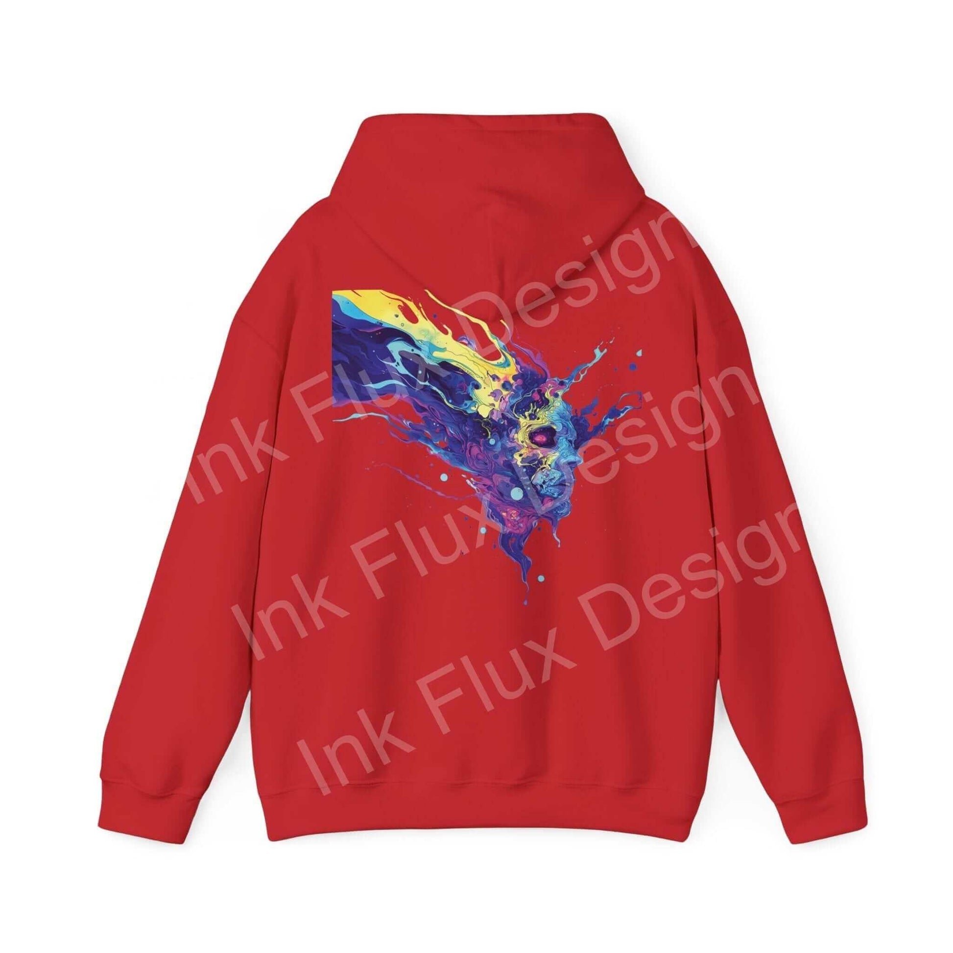 Red hooded sweatshirt featuring a bold, colorful psychedelic ink splash design on the back, ideal for graphic hoodie enthusiasts.