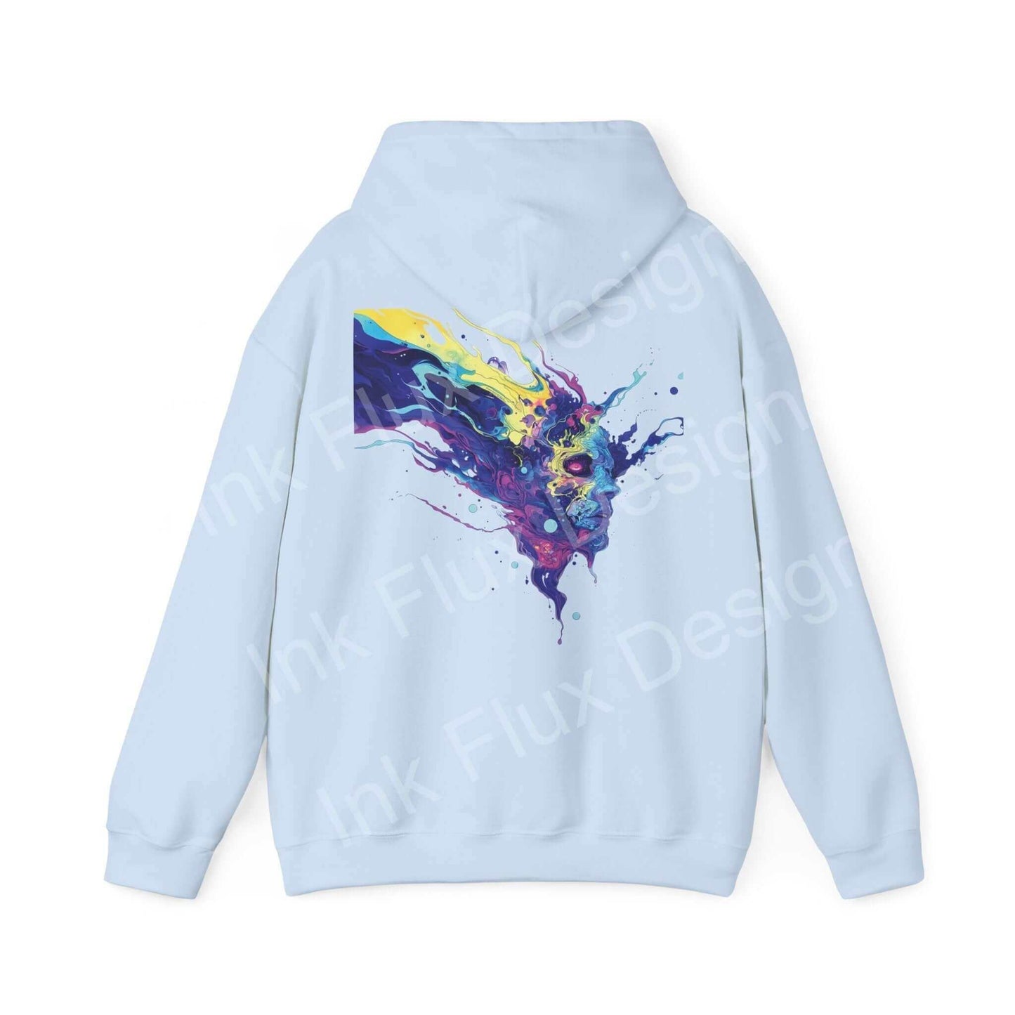 Back view of a light blue Psychedelic Trip VI hooded sweatshirt featuring a vibrant, bold graphic design on a cotton-polyester blend fabric.