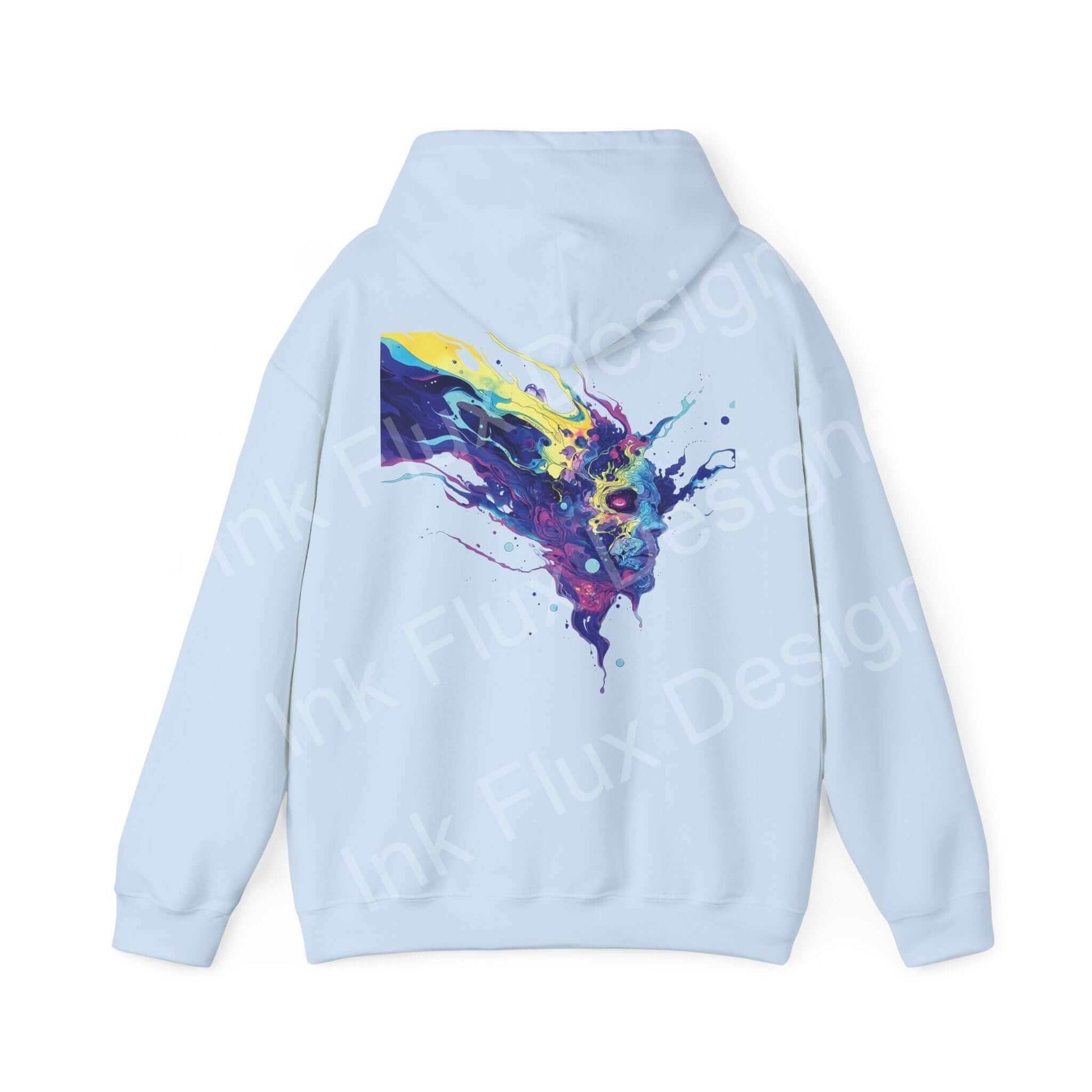 Back view of a light blue Psychedelic Trip VI hooded sweatshirt featuring a vibrant, bold graphic design on a cotton-polyester blend fabric.