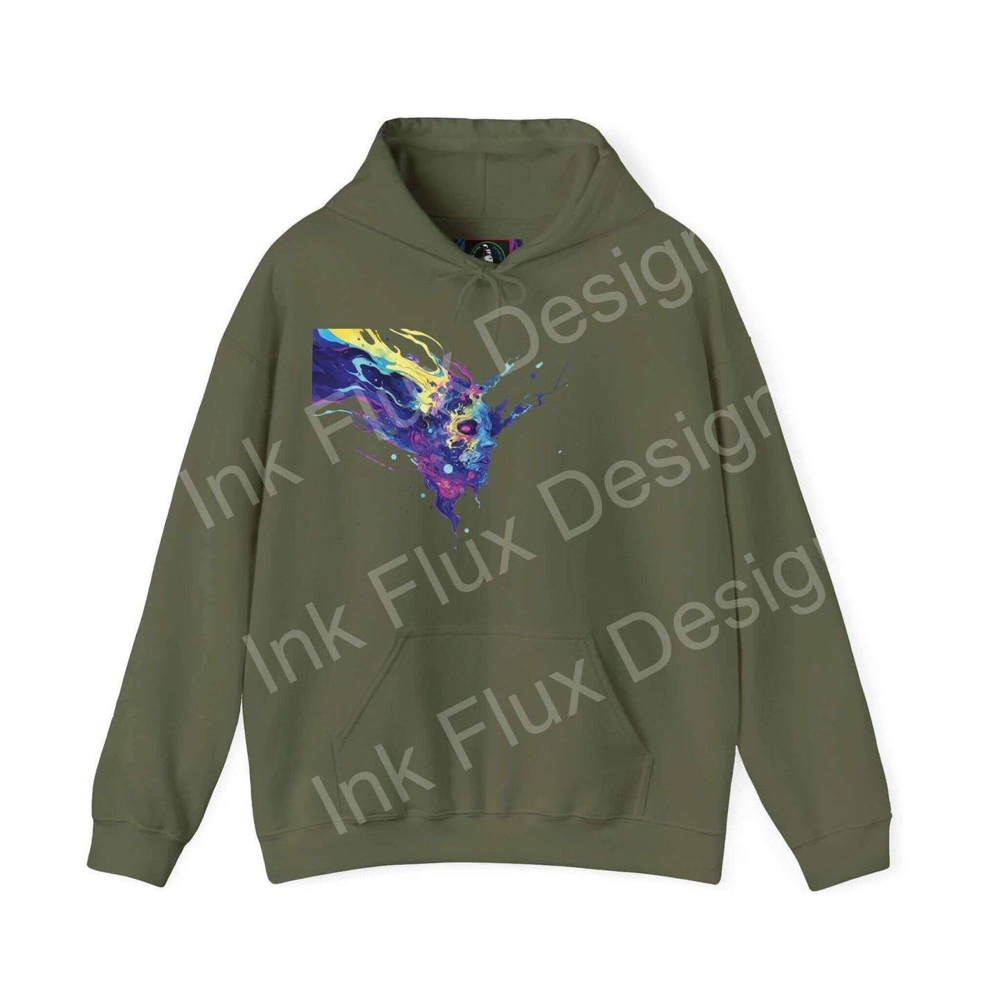 Olive green graphic hoodie with a vivid, colorful psychedelic design on the front, showcasing bold, artistic patterns perfect for stylish warmth.