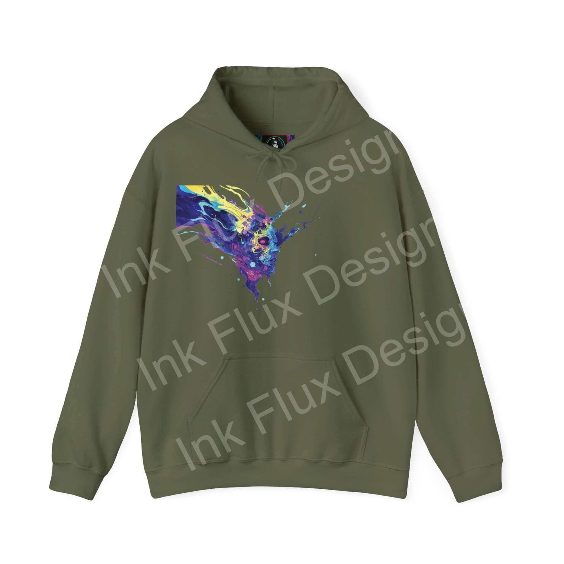 Olive green graphic hoodie with a vivid, colorful psychedelic design on the front, showcasing bold, artistic patterns perfect for stylish warmth.